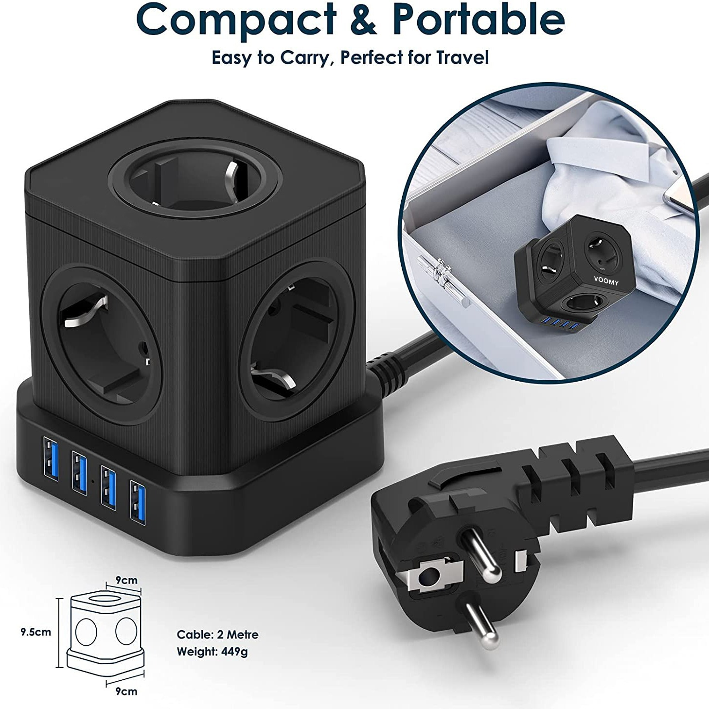 Schwarzer Würfel-Steckdosenleiste mit USB-Anschlüssen, einem Stecker und einem Diagramm. Inset zeigt es in einer Schublade.
