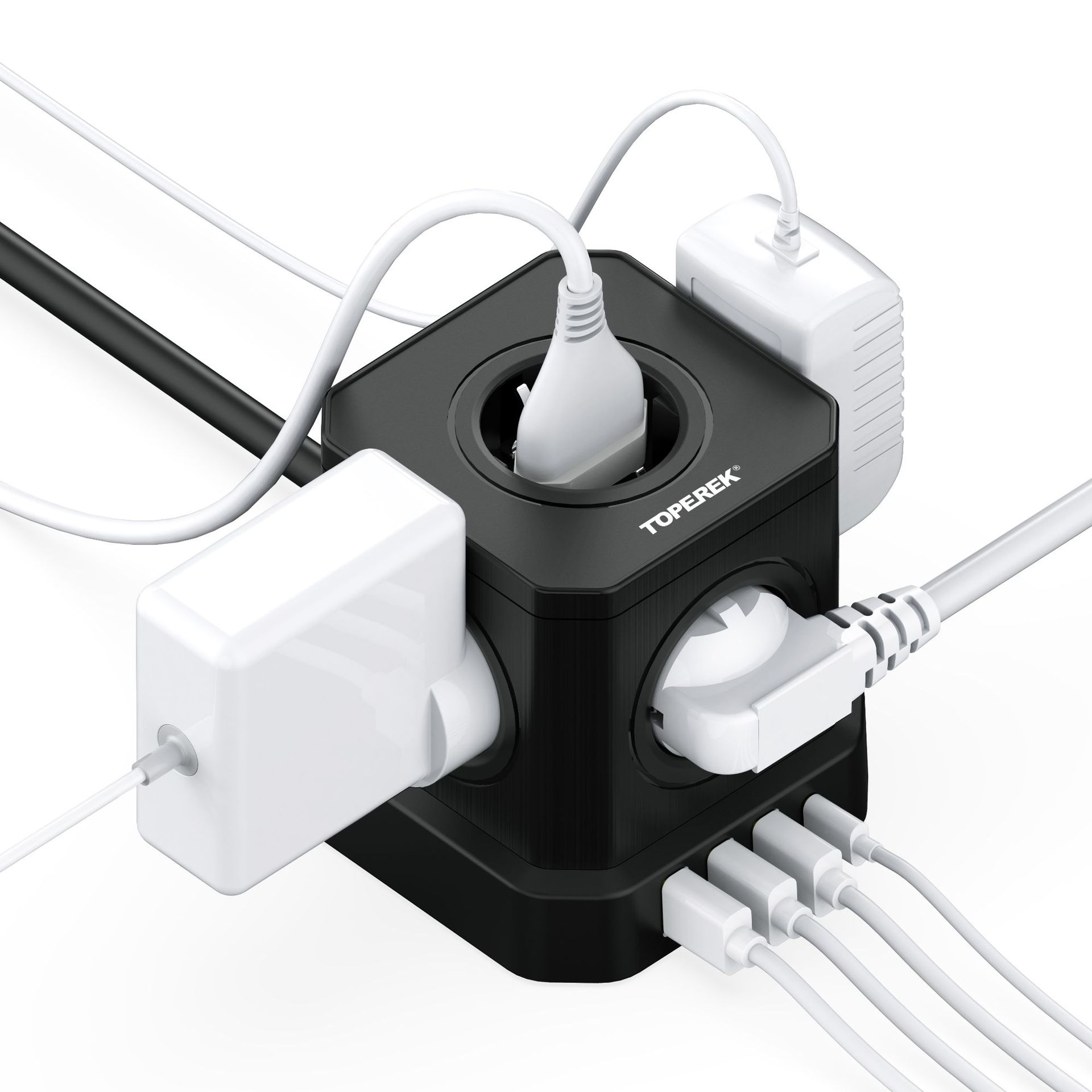 Ein schwarzer Würfel-Stecker mit mehreren weißen Steckern und Kabeln sowie weißen Netzteilen. Der Markenname ist sichtbar.