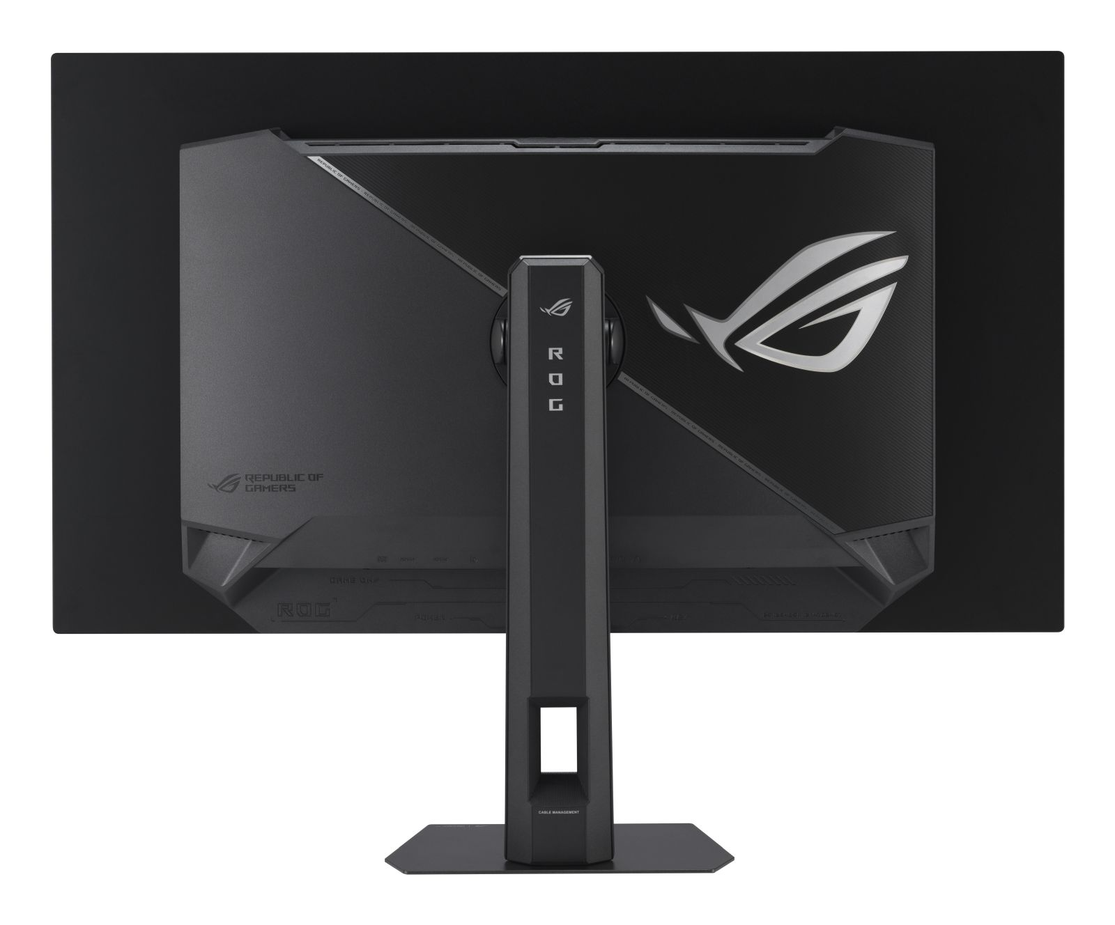 Arrière d'un écran de jeu ROG noir. Il porte le logo ROG et les mots Republic Of Gamers. Un pied supporte l'écran.