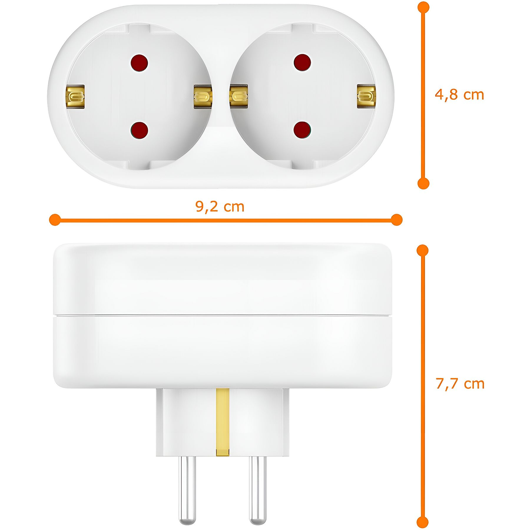 Weißer Doppeladapter mit Maßangaben. Zeigt zwei Steckdosen, einen Stecker und Maße in cm.