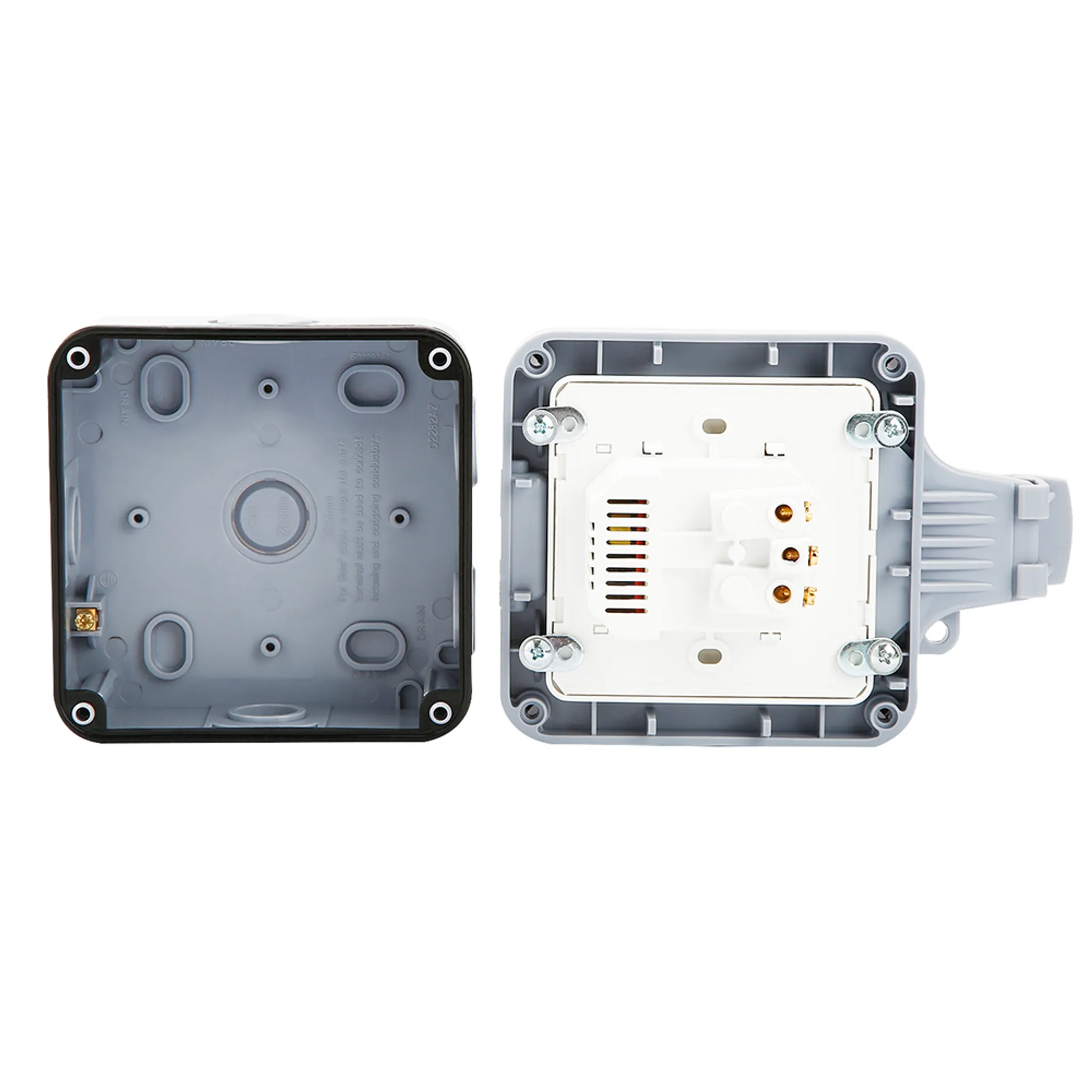 Geöffnete elektrische Anschlussdose. Box und Deckel sind grau, mit weißem Innenraum und Schraubklemmen.
