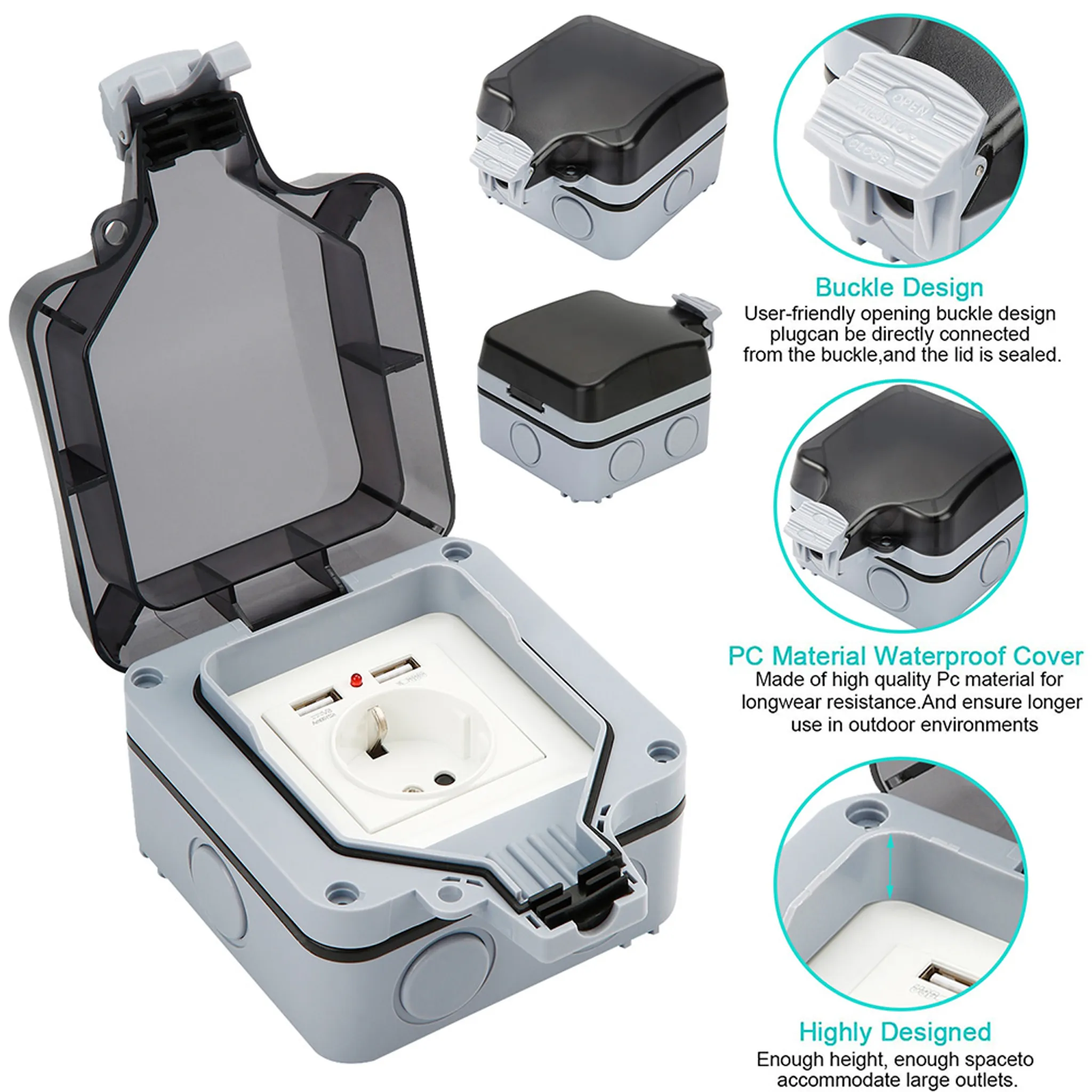 Eine graue, wasserdichte Steckdose mit transparentem Deckel, weißer Steckdose und USB-Anschluss.