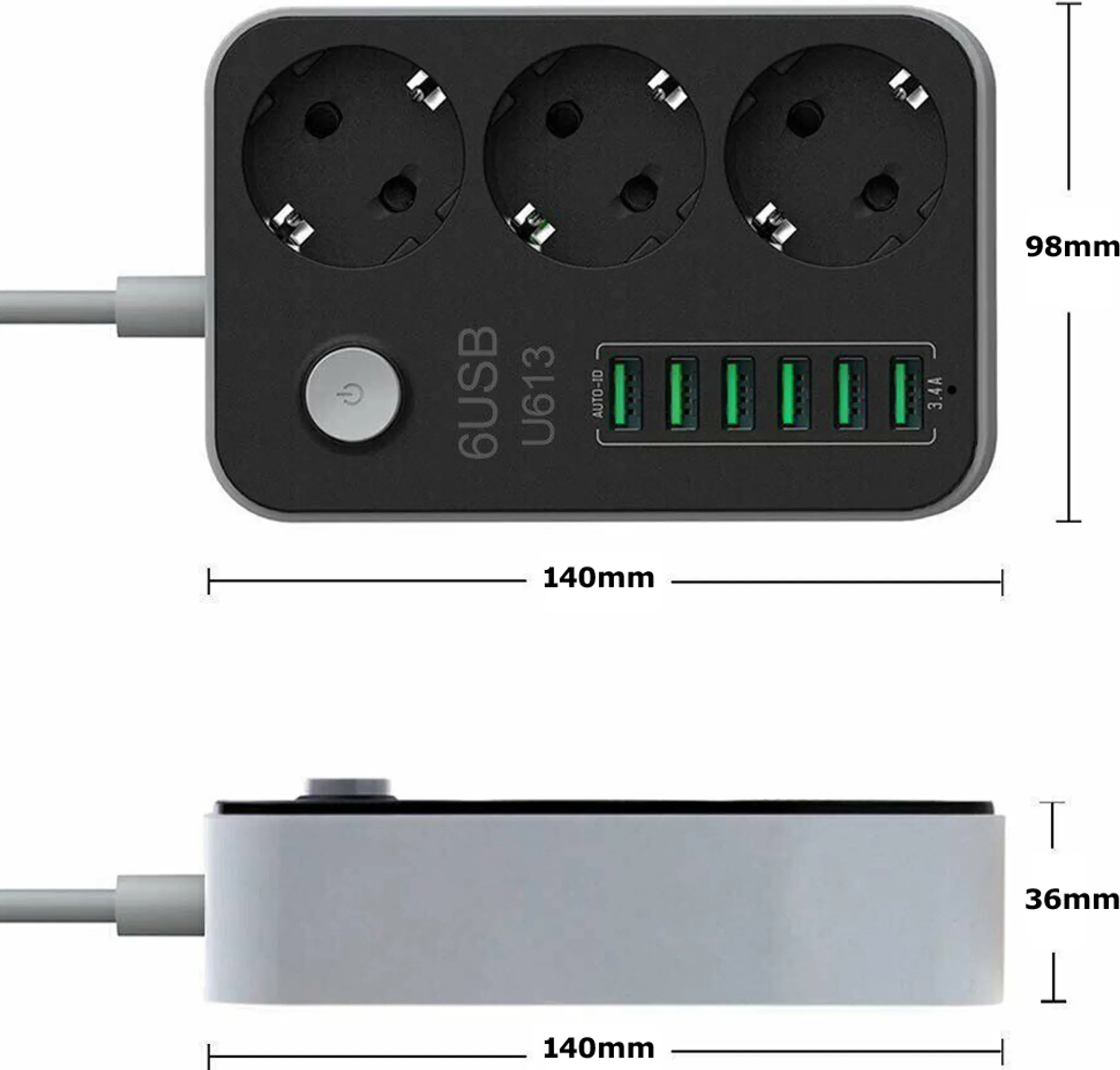 Schwarze Steckdosenleiste mit drei Steckdosen, sechs USB-Anschlüssen und einem Netzschalter. Abmessungen werden angezeigt.