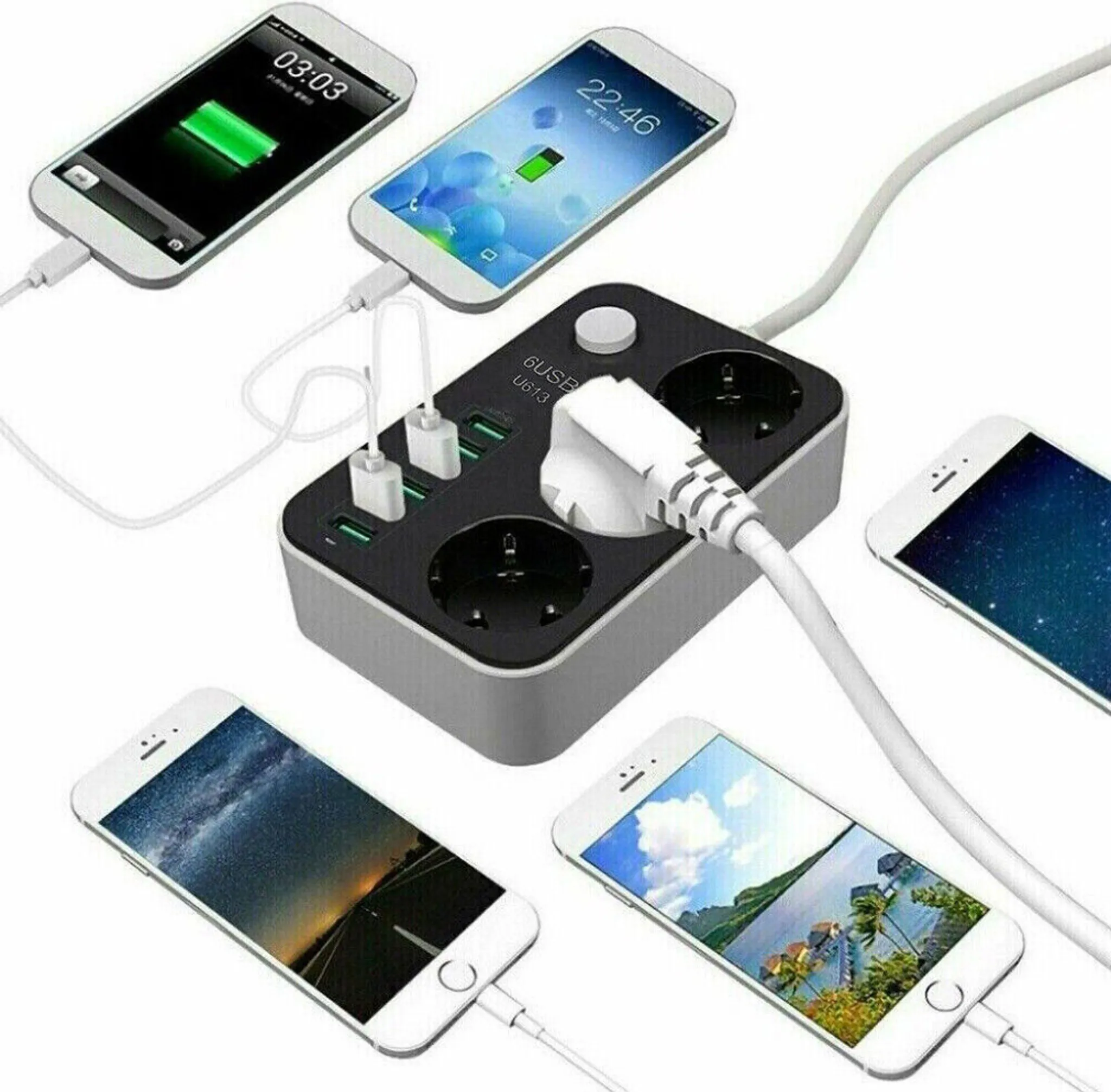 Eine Steckdosenleiste mit mehreren USB-Anschlüssen und Steckdosen, die mit mehreren Smartphones verbunden ist. Telefone zeigen das Aufladen und verschiedene Bilder an.