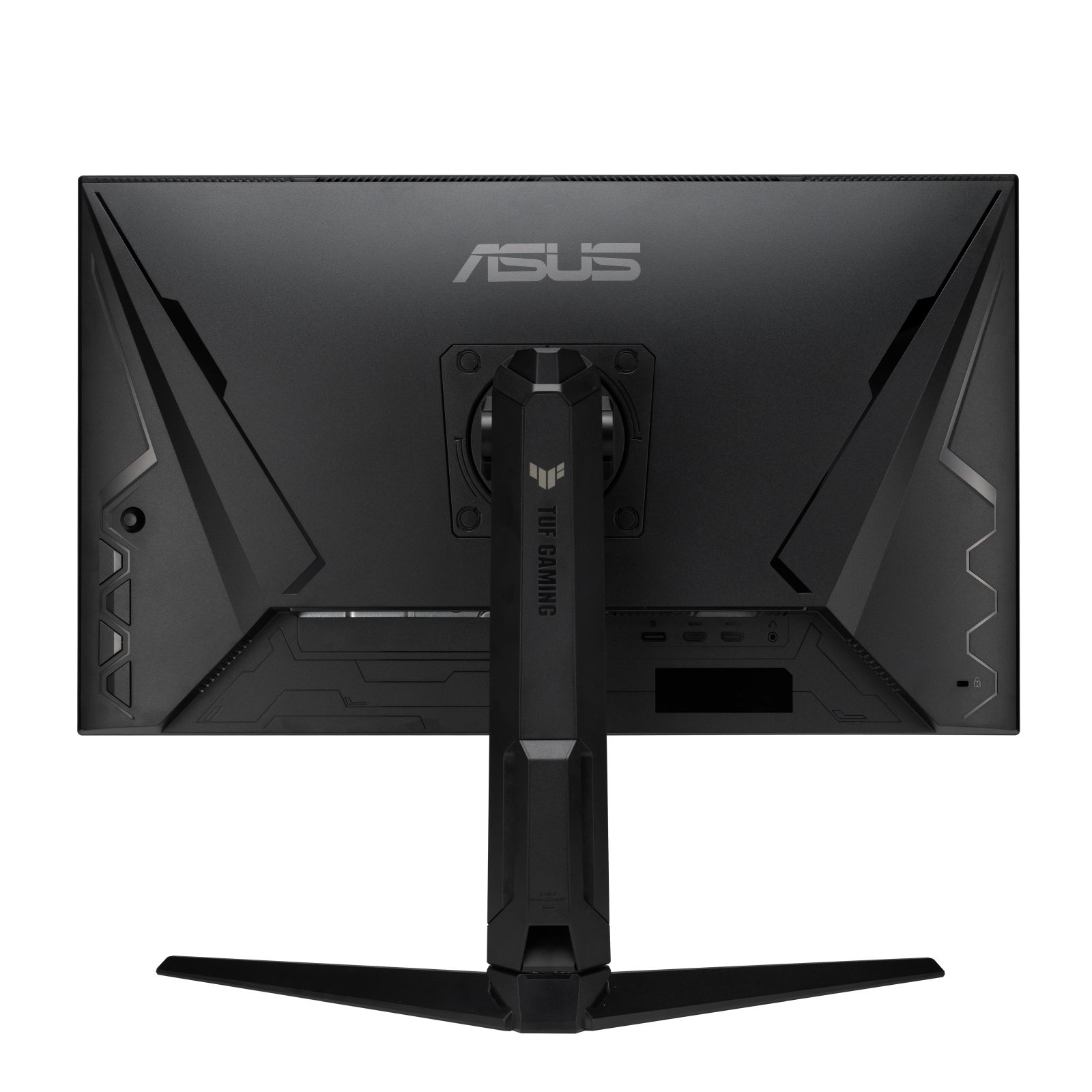 Vue arrière d'un moniteur ASUS TUF Gaming noir, avec logo, ports et pied. Sur fond blanc.