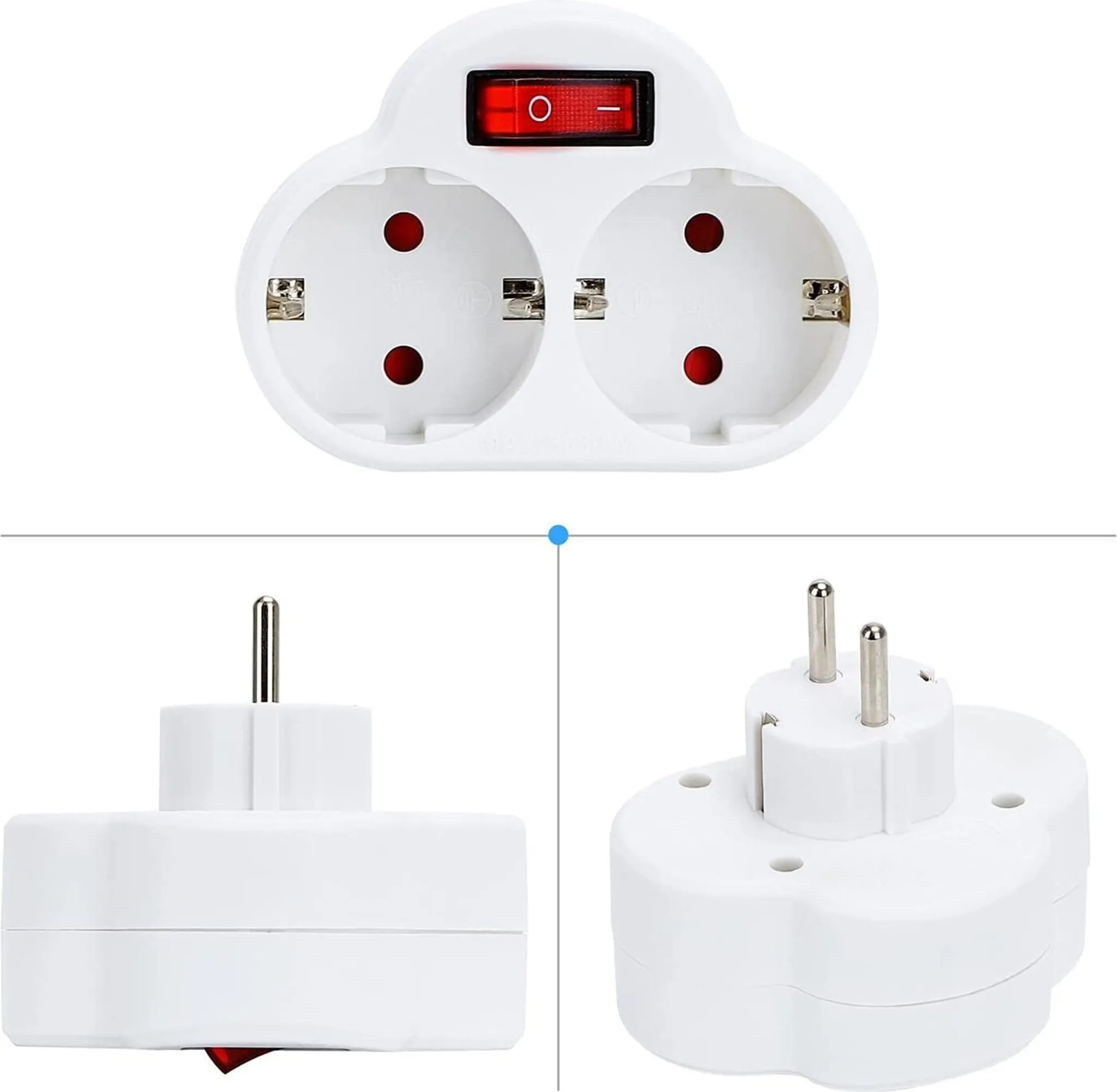 Weißes Verlängerungskabel mit zwei Steckdosen, rotem Schalter und Stecker. Mehrere Ansichten sind dargestellt.