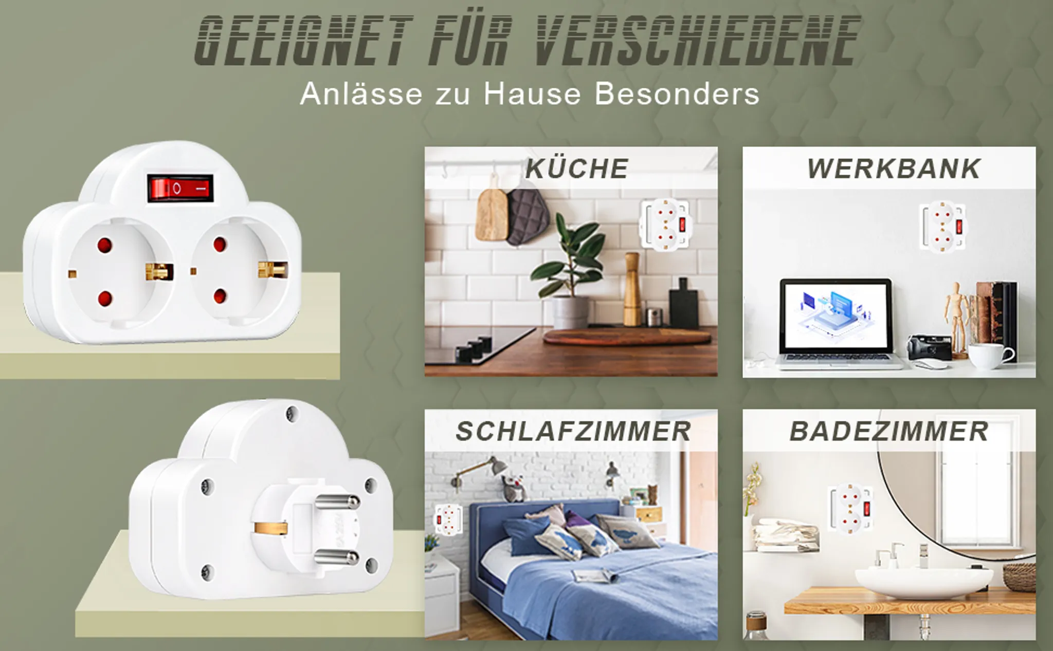 Weißes Verlängerungskabel mit zwei Steckdosen und einem roten Schalter, gezeigt in verschiedenen Heimumgebungen wie Küche, Schlafzimmer und Bad.