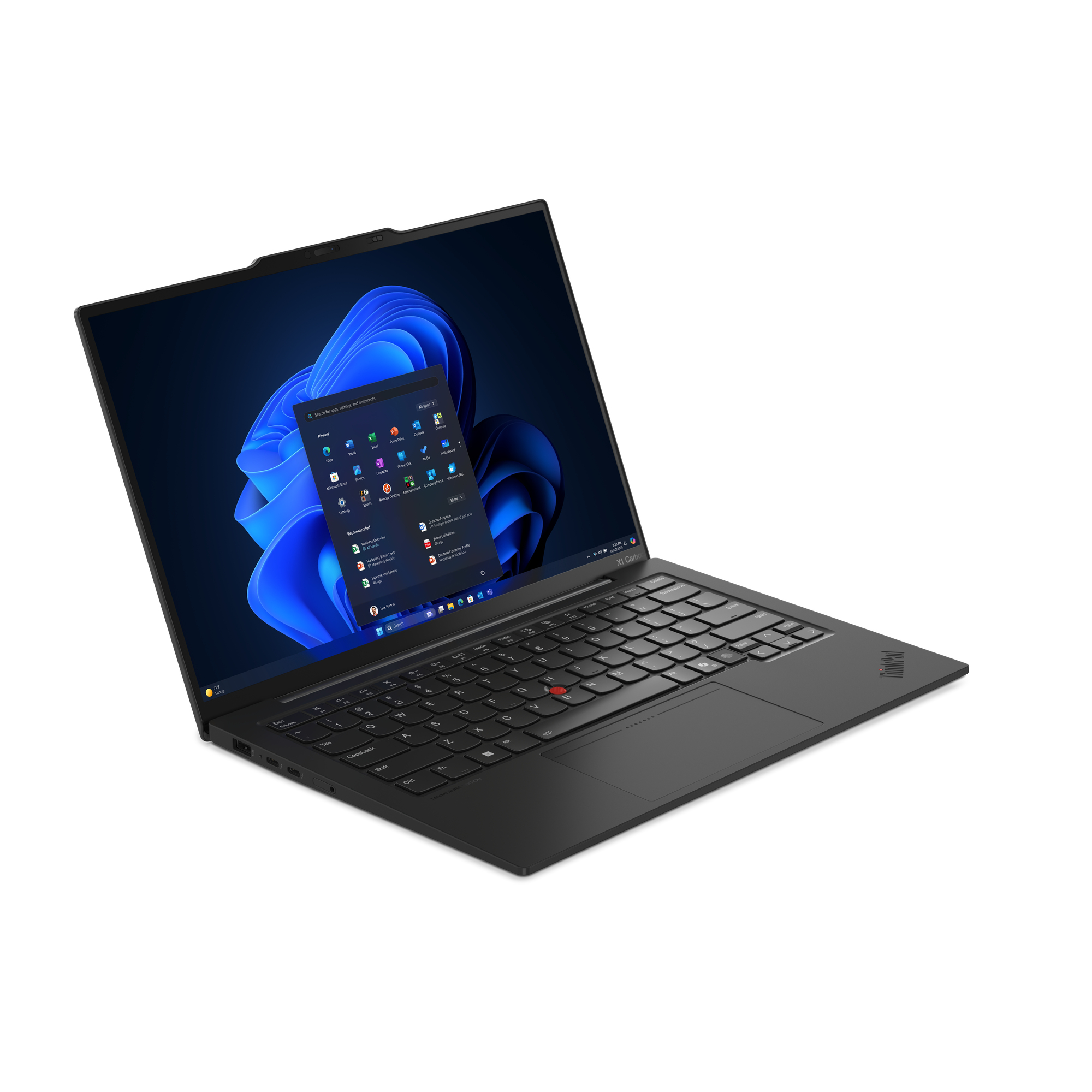 Czarny laptop Lenovo ThinkPad na białej powierzchni. Ekran wyświetla aplikacje Windows. Widoczna klawiatura i gładzik.
