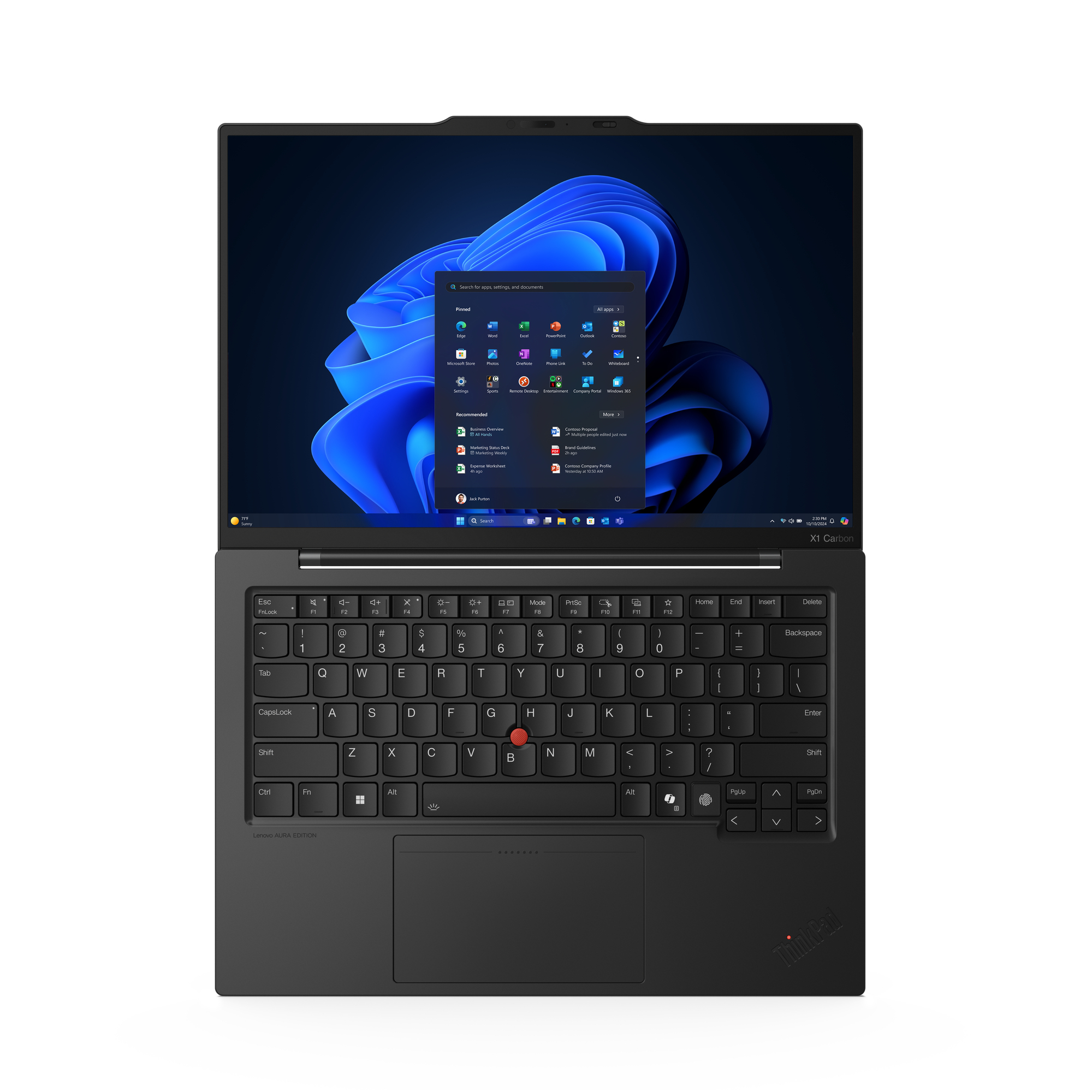 Laptop Lenovo ThinkPad nero aperto, che mostra Windows 11, tastiera visibile. Interfaccia Windows con icone app.