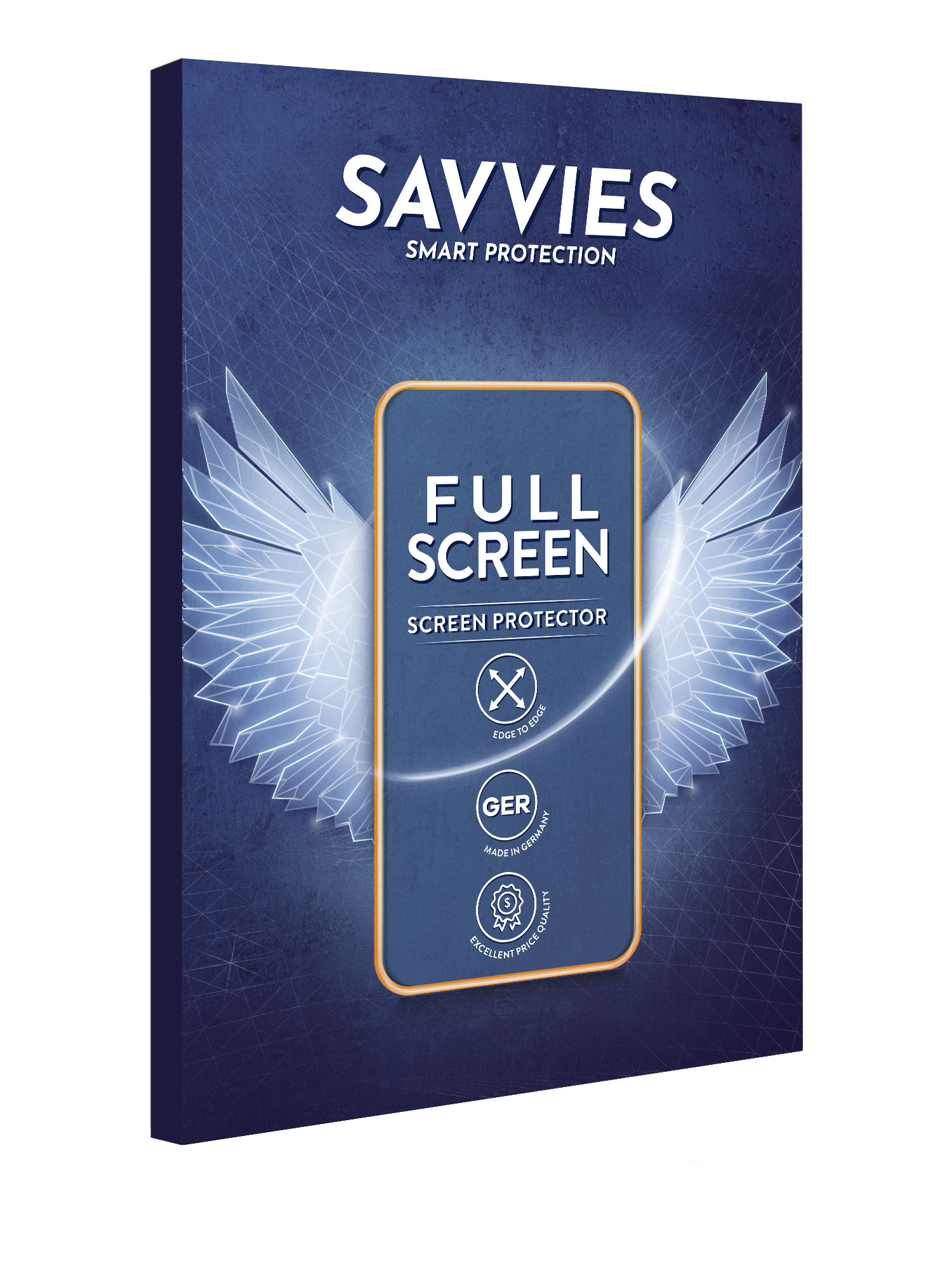 Das Bild zeigt einen Displayschutz der Marke SAVVIES. Es hat Flügel an den Seiten und Text, der Fullscreen-Schutz anzeigt.