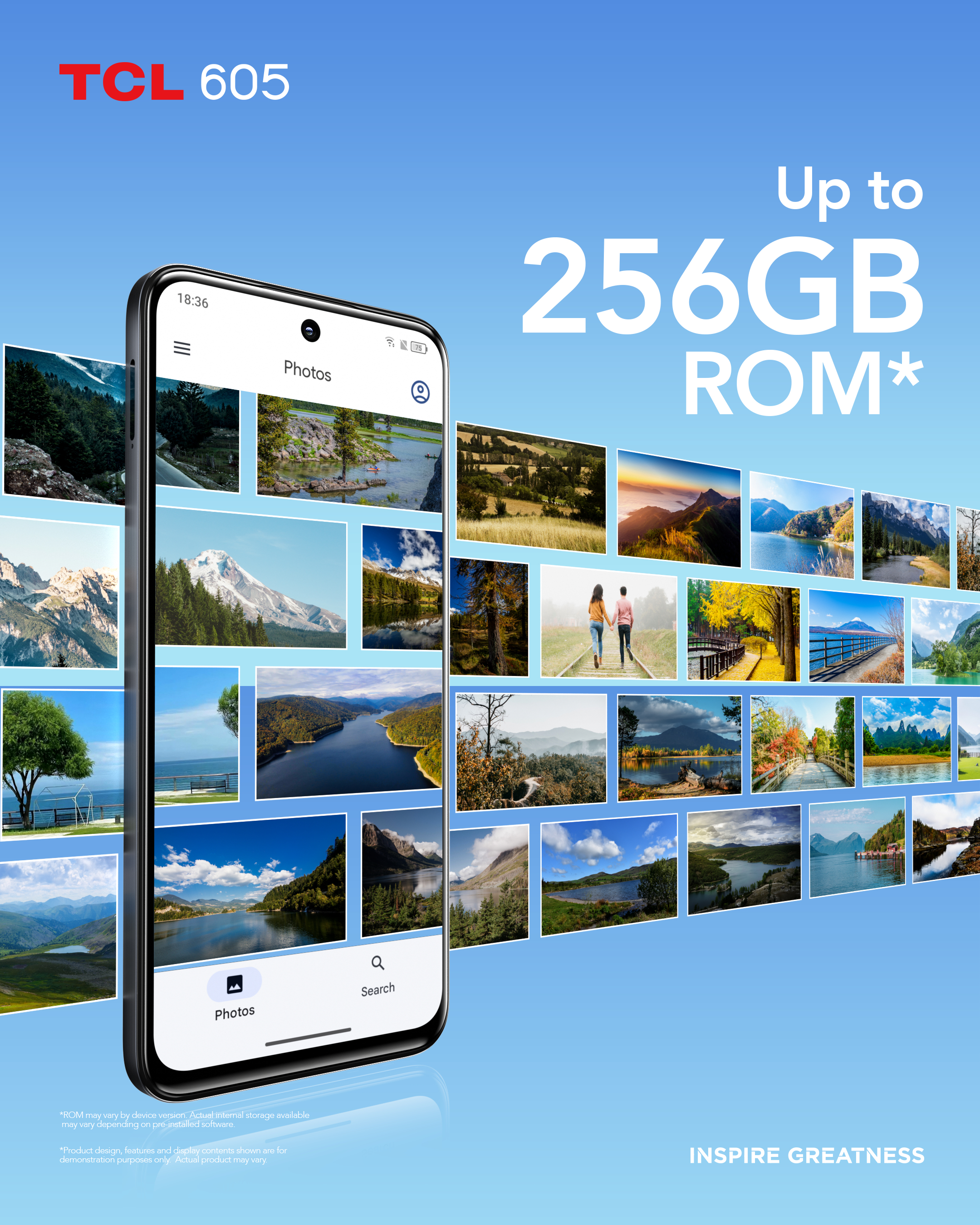 Smartfon wyświetla zdjęcia, z tekstem 'Up to 256GB ROM' i marką TCL 605 na niebieskim tle.