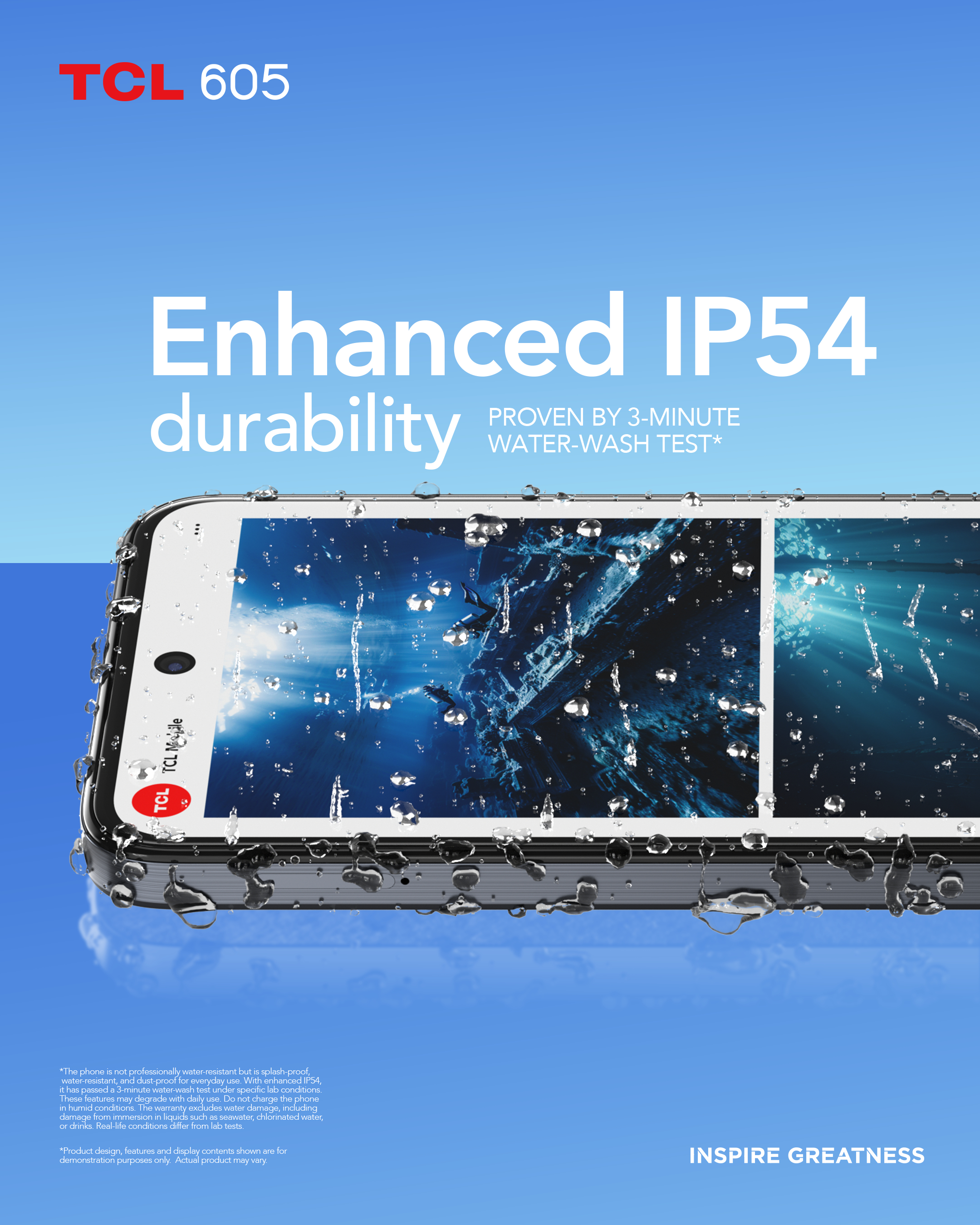 Smartfon z kroplami wody, ekran pokazuje wodne tło. Tekst: Enhanced IP54 durability. Marka: TCL 605.