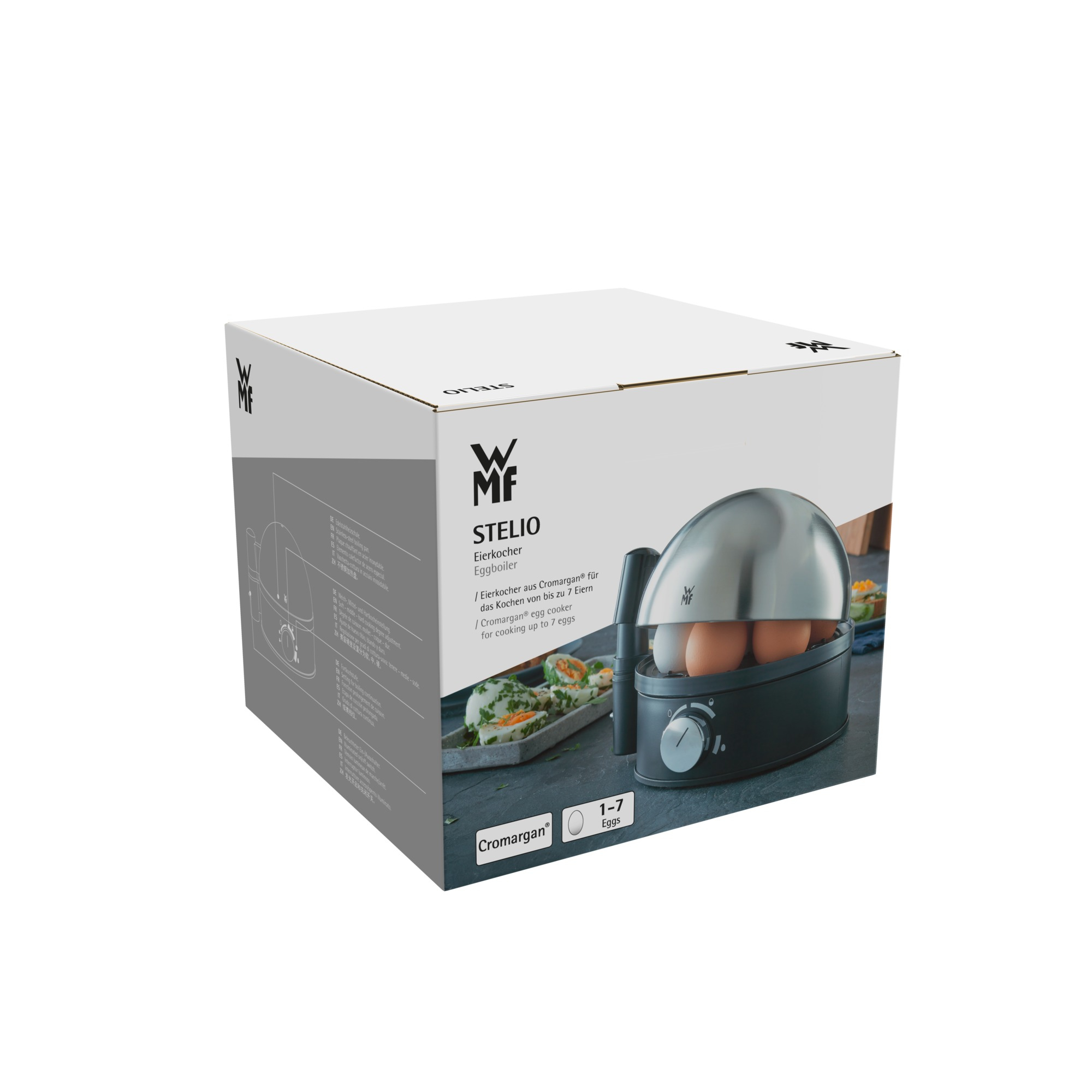 Pudełko przedstawia jajowar, jajka i tekst. Jajowar jest czarny ze srebrną pokrywą. Pudełko pokazuje produkt.