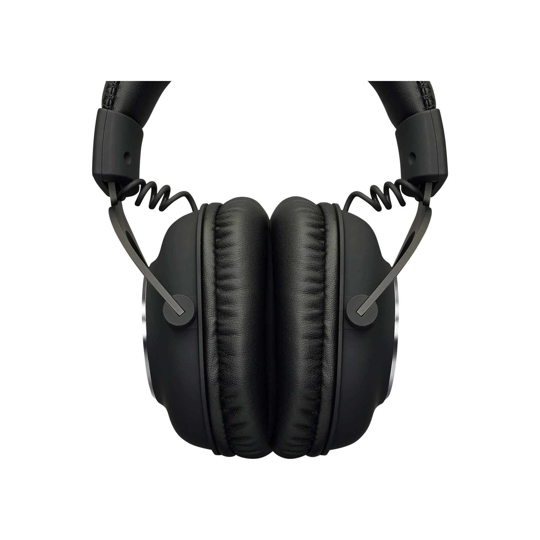 Black headphones on white background. The ear cups are leather-like, with metal arms. The wires are springy.