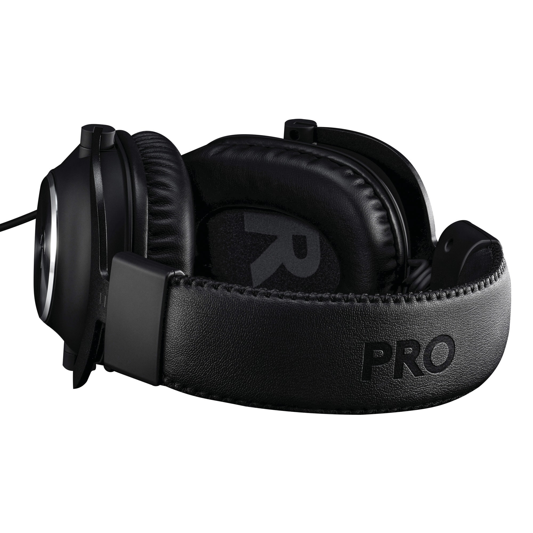 Black gaming headset with the word PRO on the headband. The earcups have the letter R. White background.