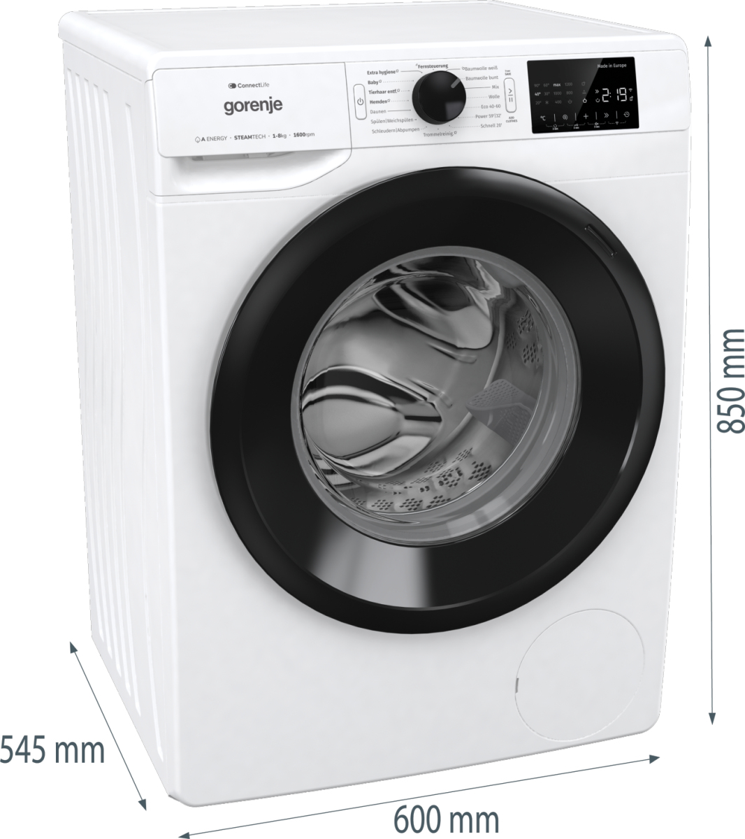 Eine weiße Gorenje Waschmaschine mit schwarzer Tür und Bedienfeld. Abmessungen: 545 mm, 600 mm und 850 mm.