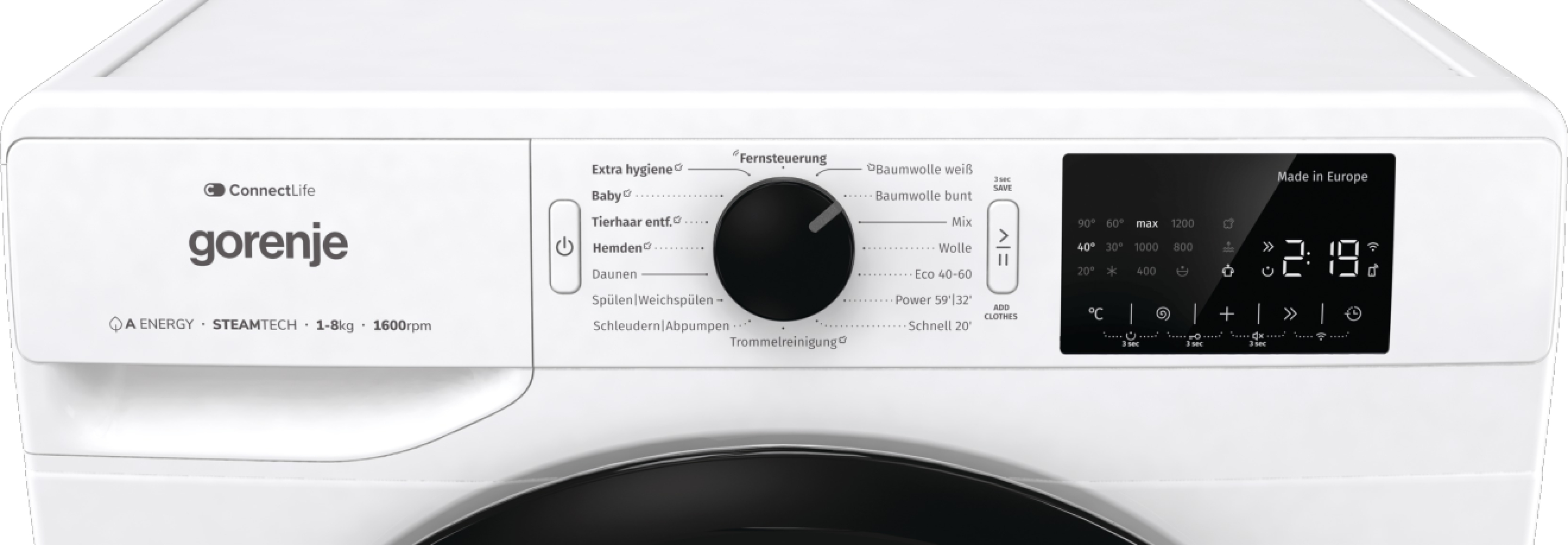 Weißes Waschmaschinen-Bedienfeld mit Knöpfen, Drehregler und Digitalanzeige 2:19. Die Marke ist gorenje.