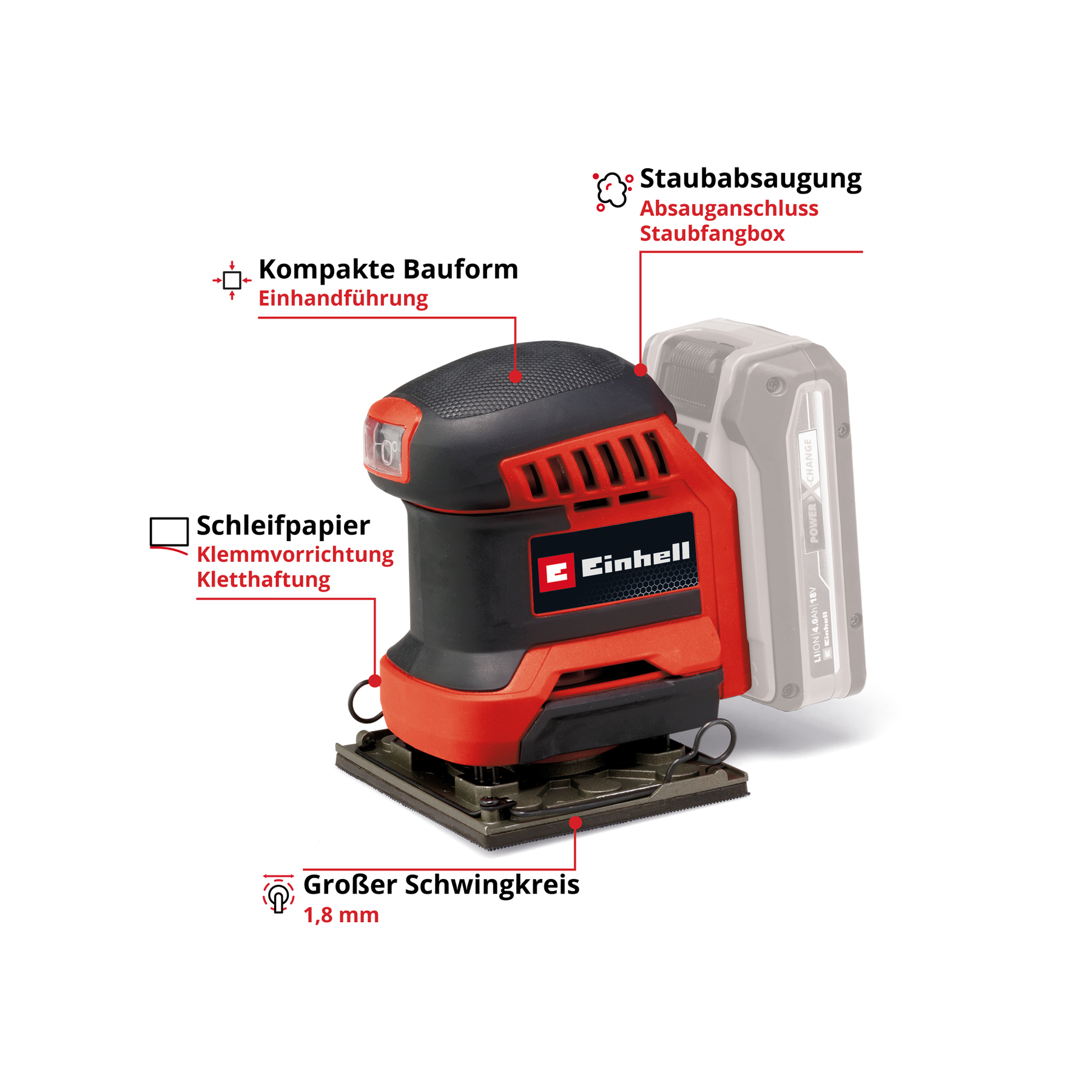 Czerwono-czarna szlifierka Einhell z akumulatorem. Posiada odsysanie pyłu, kompaktową konstrukcję i obsługę jedną ręką.