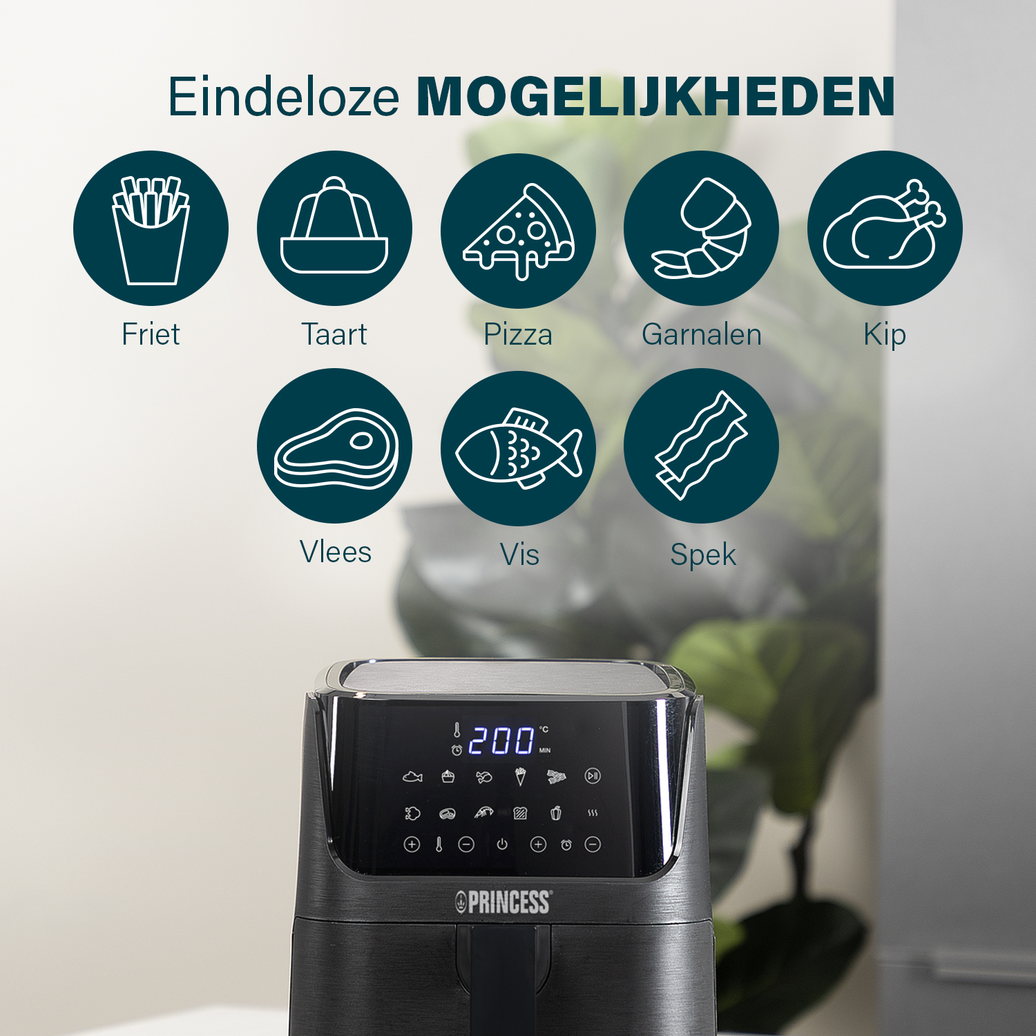 Ein Airfryer mit Essenssymbolen oben. Enthält Pommes, Kuchen, Pizza, Garnelen, Hähnchen, Fleisch, Fisch und Speck. Das Display zeigt 200 Grad.