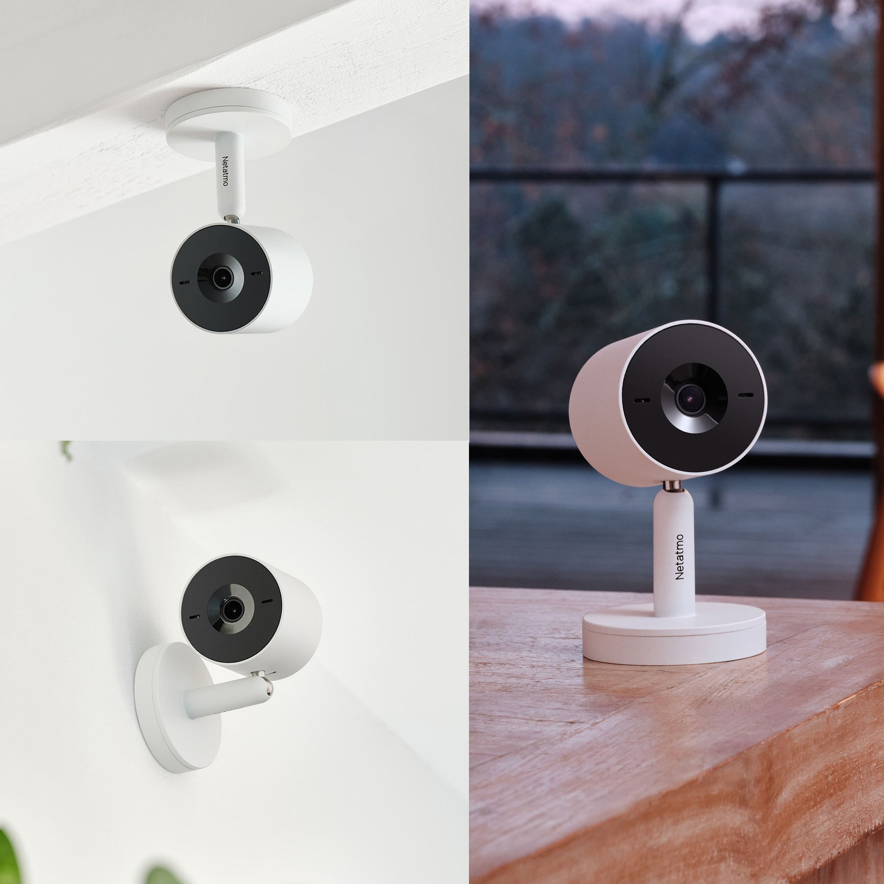 Caméra de sécurité Netatmo blanche. Divers angles : montage plafond, mural et table. Caméra avec objectif noir, corps et base blancs.