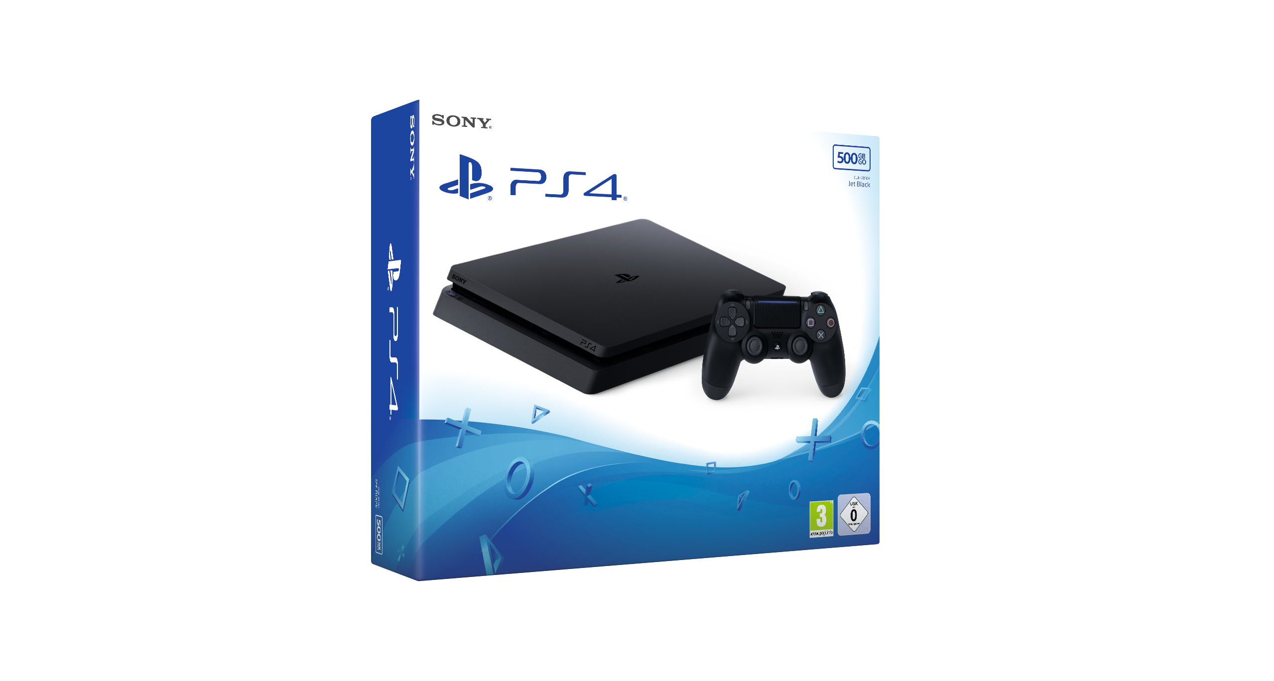 Een PlayStation 4-boxset. Het bevat de console, een controller en accessoires. De verpakking heeft het PS4-logo en een golfontwerp.