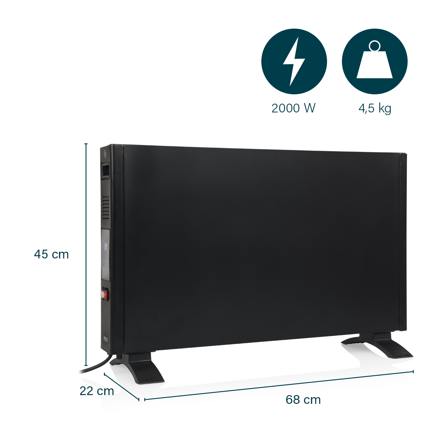 Calentador eléctrico negro con dimensiones mostradas. Tiene una potencia de 2000W y pesa 4,5 kg. Medidas: 68x45x22 cm.