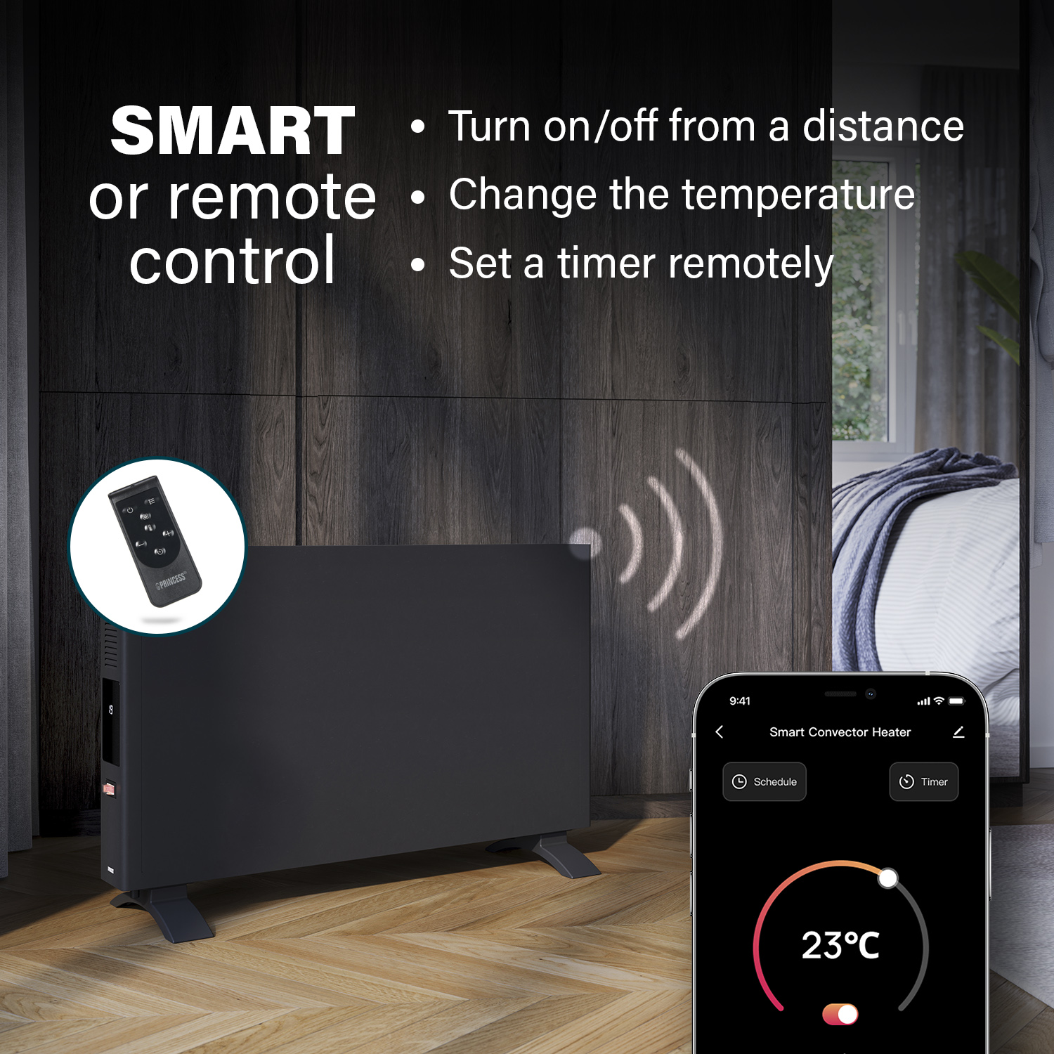 Un calentador negro con control remoto y una aplicación de teléfono inteligente que muestra 23°C. El texto menciona funciones de control inteligente. Una cama es visible al fondo.
