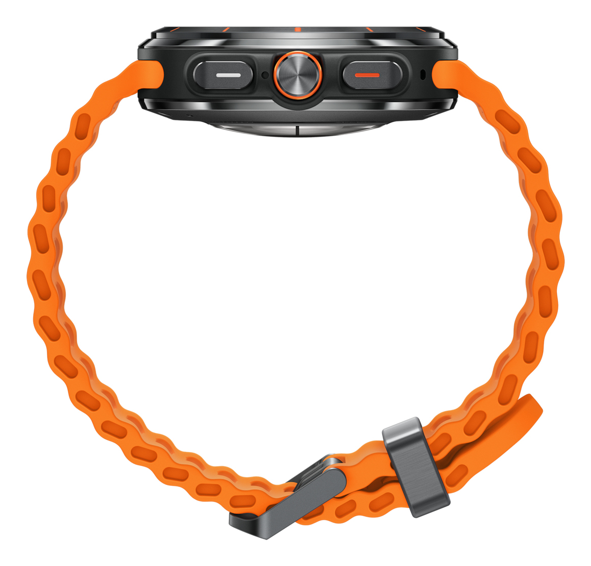 Uno smartwatch nero con cinturino arancione. Il cinturino ha un design a catena. L'orologio ha pulsanti laterali.