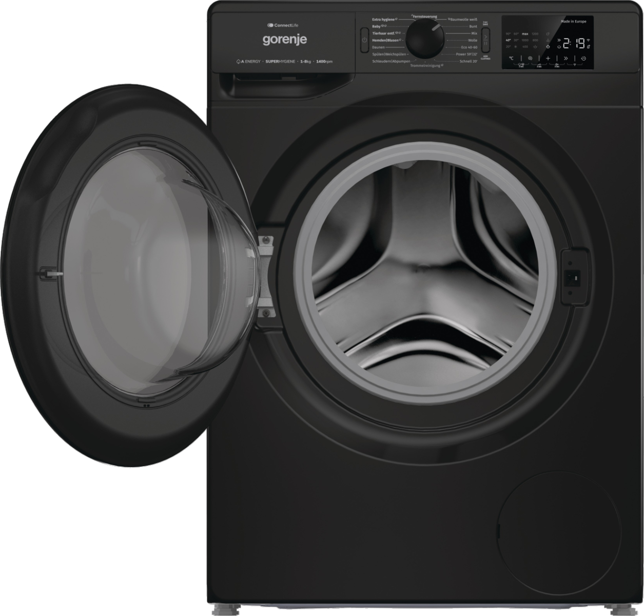 Eine schwarze Gorenje Waschmaschine mit geöffneter Tür. Das Bedienfeld zeigt Einstellungen und eine Digitaluhr mit 2:19.