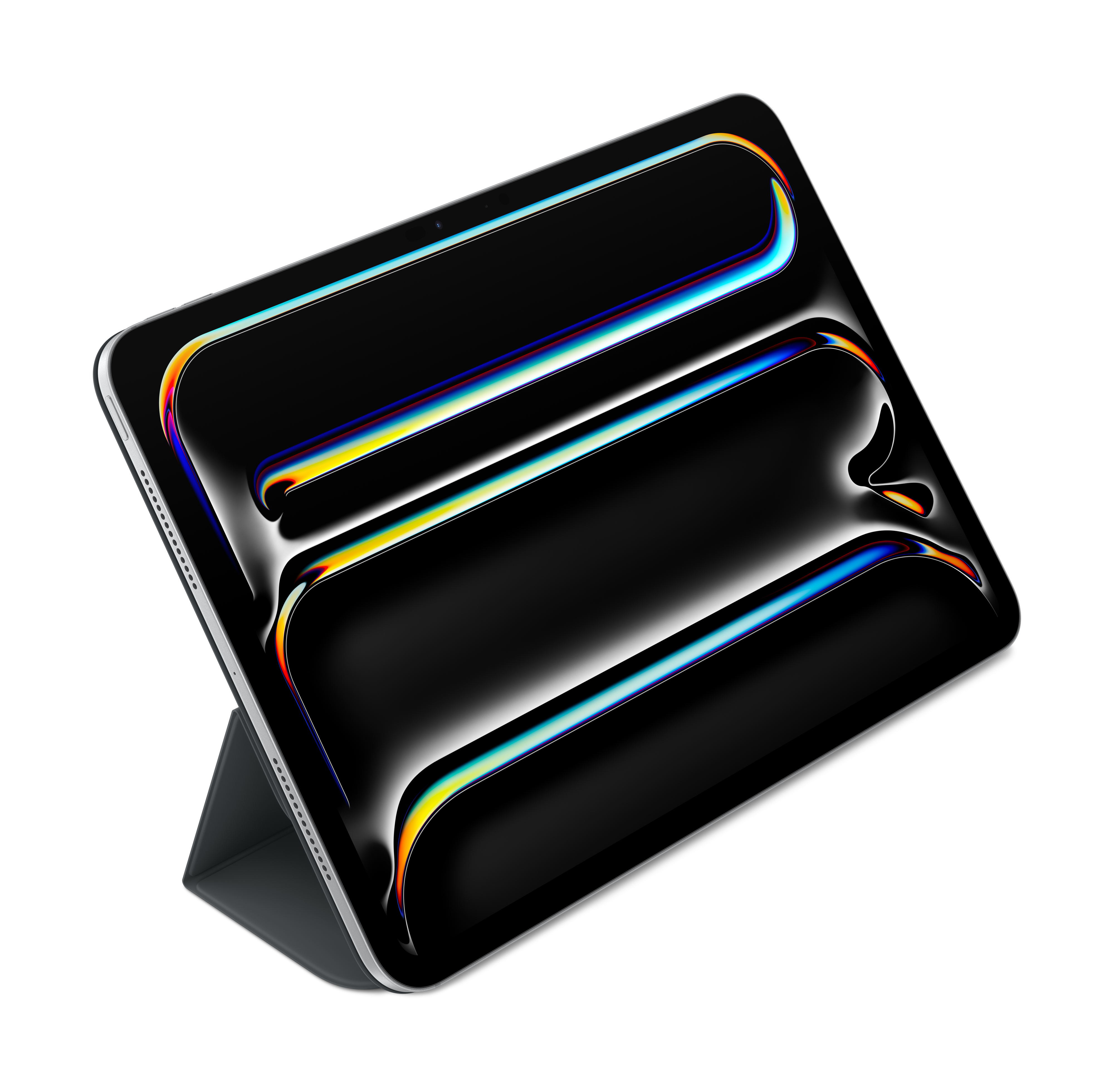 iPad z czarnym ekranem jest podparty ciemnoszarą obudową. Ekran ma kolorowe odbicia. Białe tło.