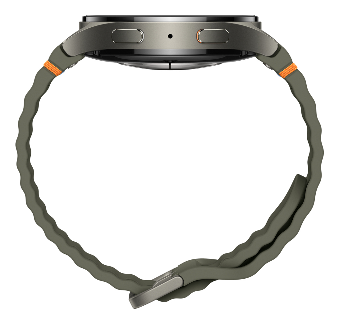 Vista laterale di uno smartwatch con cinturino grigio-verde. Il quadrante è scuro, con due pulsanti e un accento arancione.