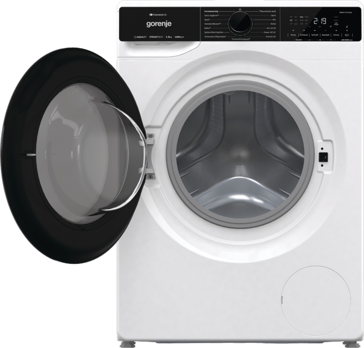 Eine weiße Gorenje-Waschmaschine mit offener Tür. Die schwarze Tür zeigt die leere Trommel. Das Bedienfeld ist sichtbar.