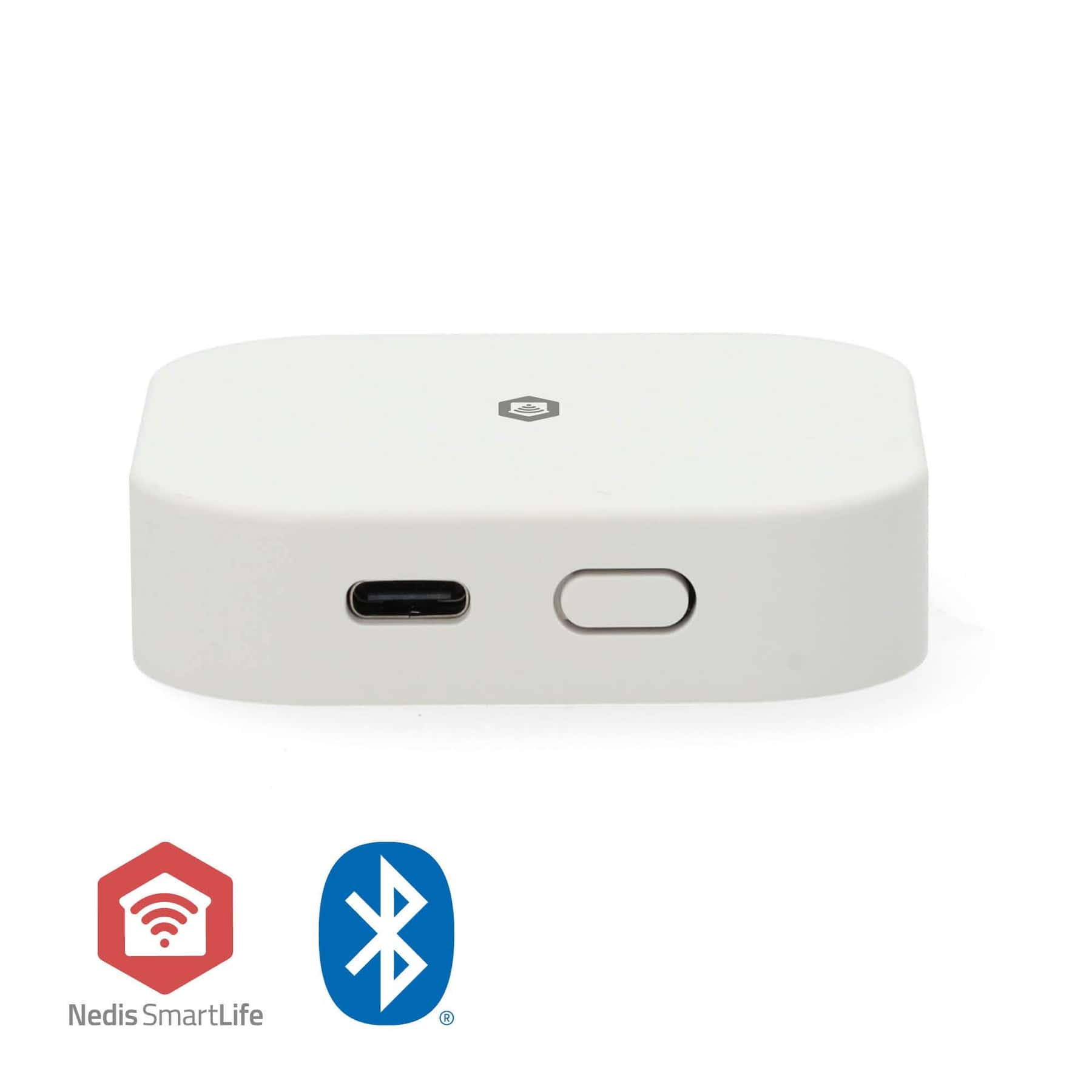 Wit apparaat met poorten, Bluetooth en Wi-Fi logo's. Het apparaat is voor Nedis SmartLife.