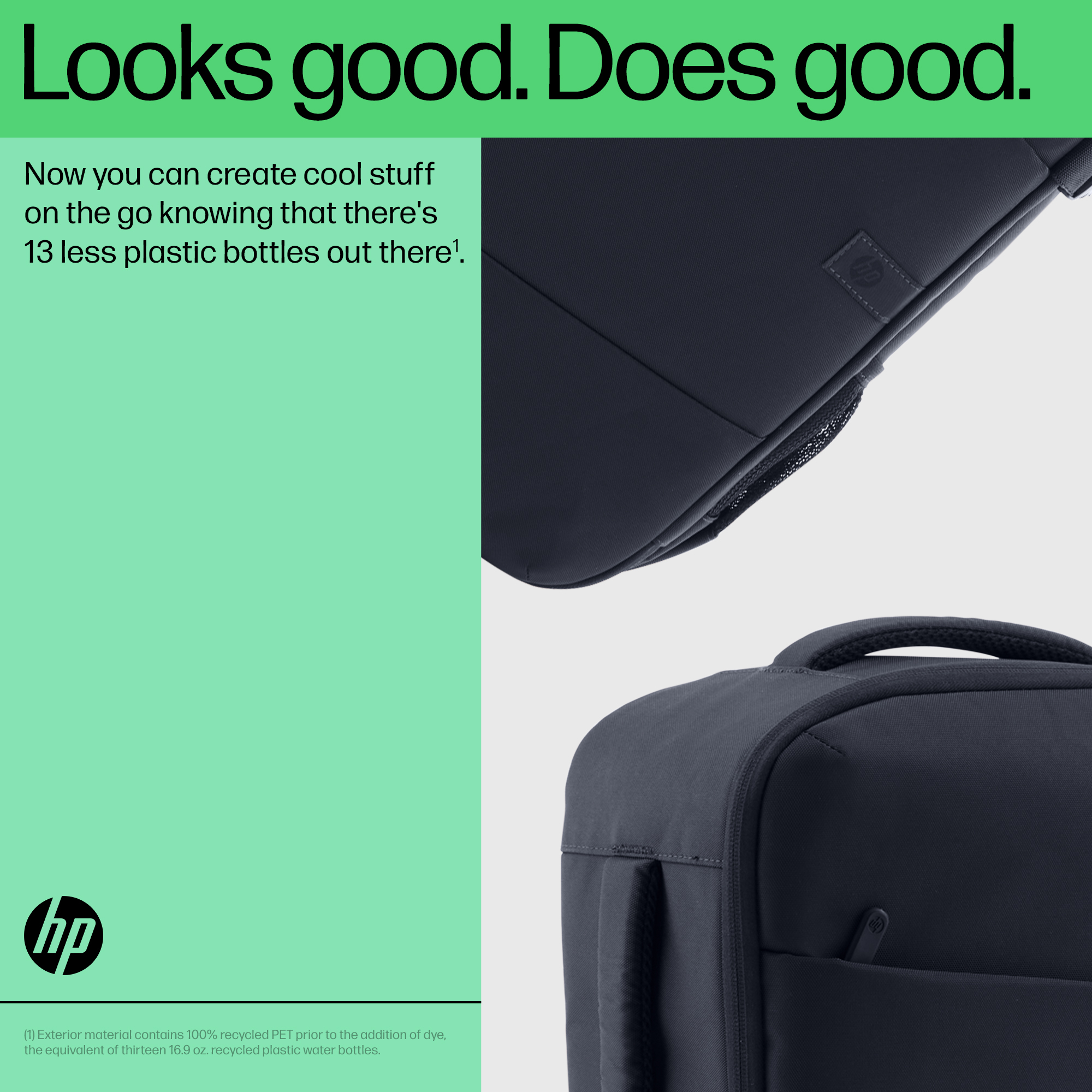 Das Bild zeigt zwei dunkelblaue Rucksäcke. Der Text lautet 'Looks good. Does good.' und erwähnt 13 weniger Plastikflaschen.