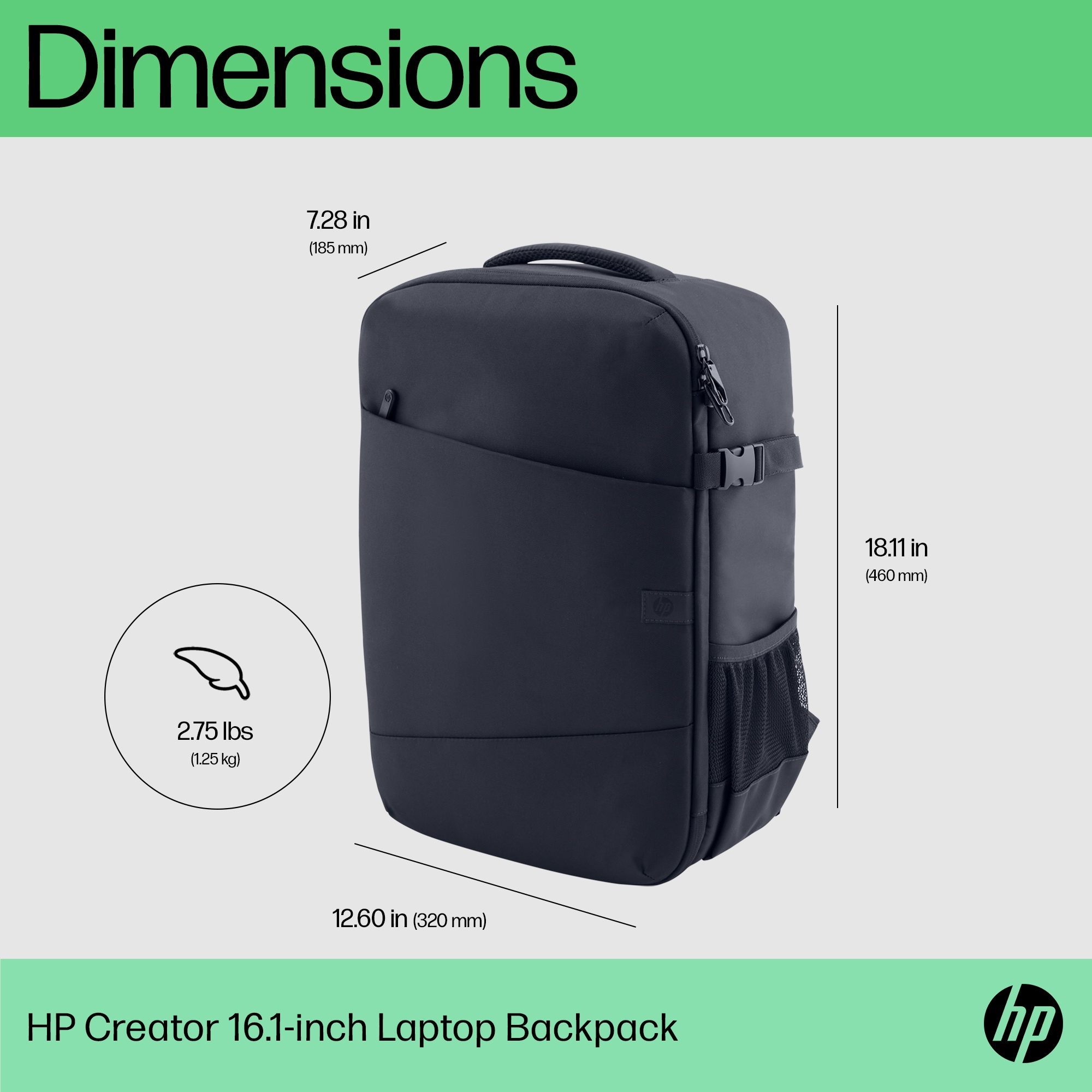 Ein dunkelblauer HP Creator Rucksack mit angegebenen Abmessungen. Ein Gewicht von 2,75 lbs wird angezeigt. Das HP-Logo befindet sich unten rechts.