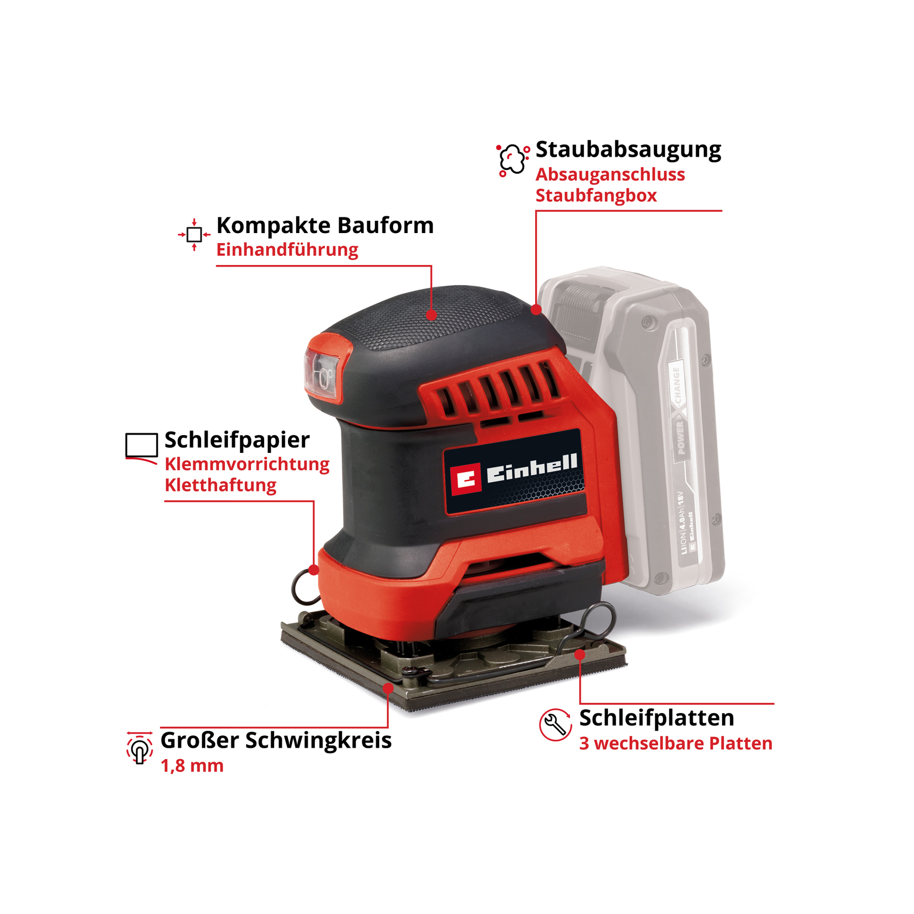 Czerwono-czarna szlifierka Einhell z akumulatorem. Posiada odsysanie pyłu, kompaktową konstrukcję i wymienne talerze.