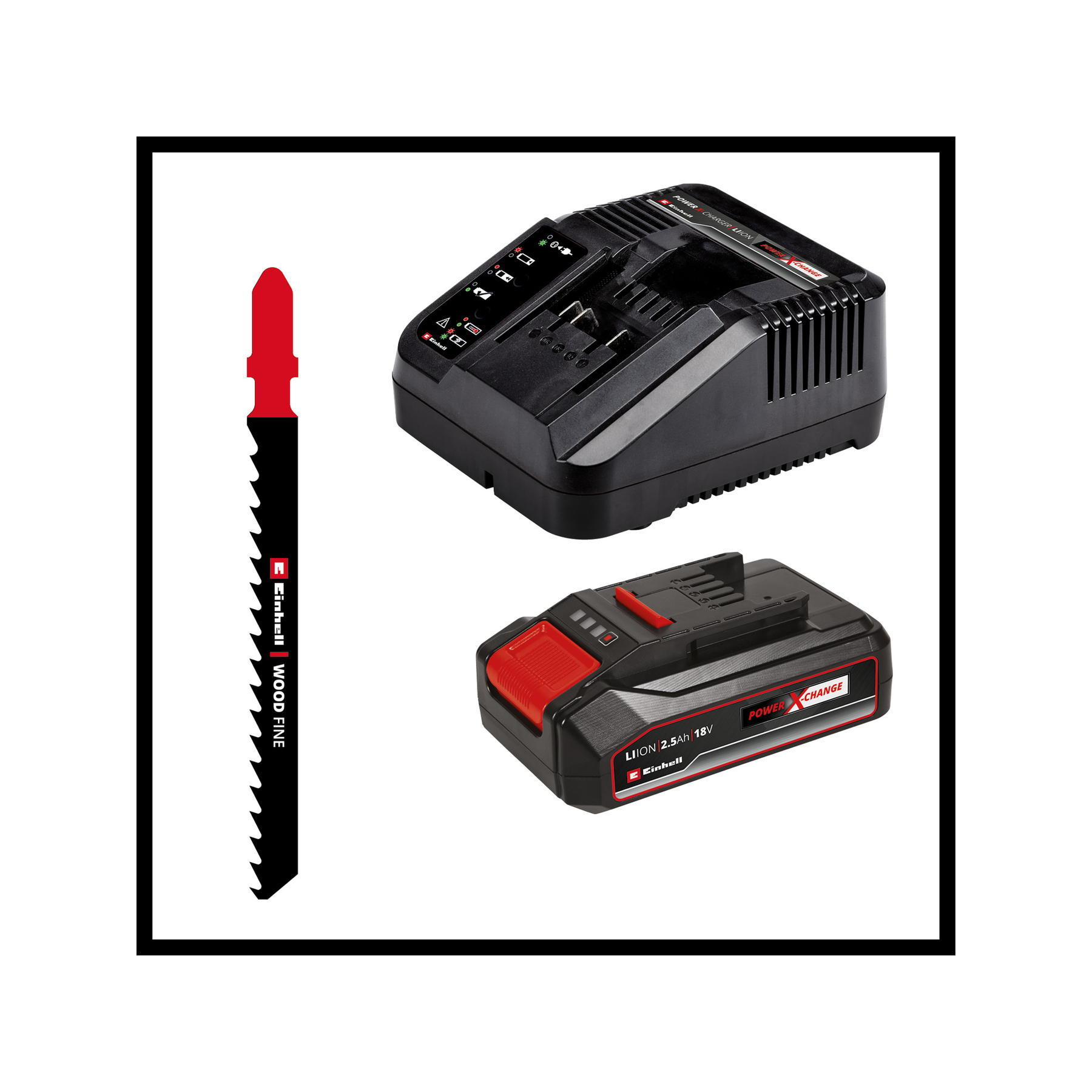 Obraz przedstawia czarny i czerwony brzeszczot do wyrzynarki, ładowarkę i akumulator. Wszystkie elementy marki Einhell.