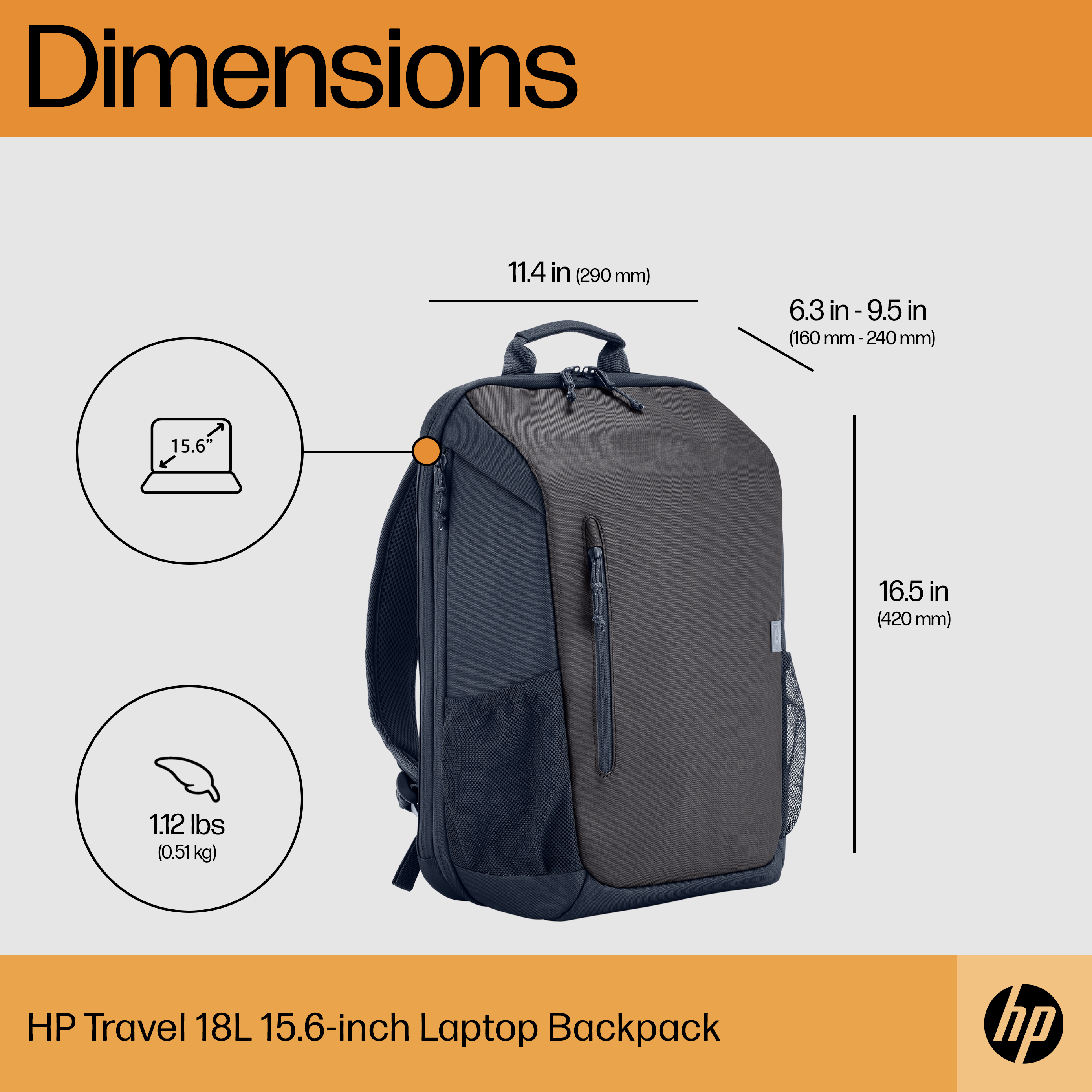 Boyutları gösterilen bir HP Travel 18L dizüstü bilgisayar sırt çantası. Boyut, ağırlık ve dizüstü bilgisayar simgesini içerir.