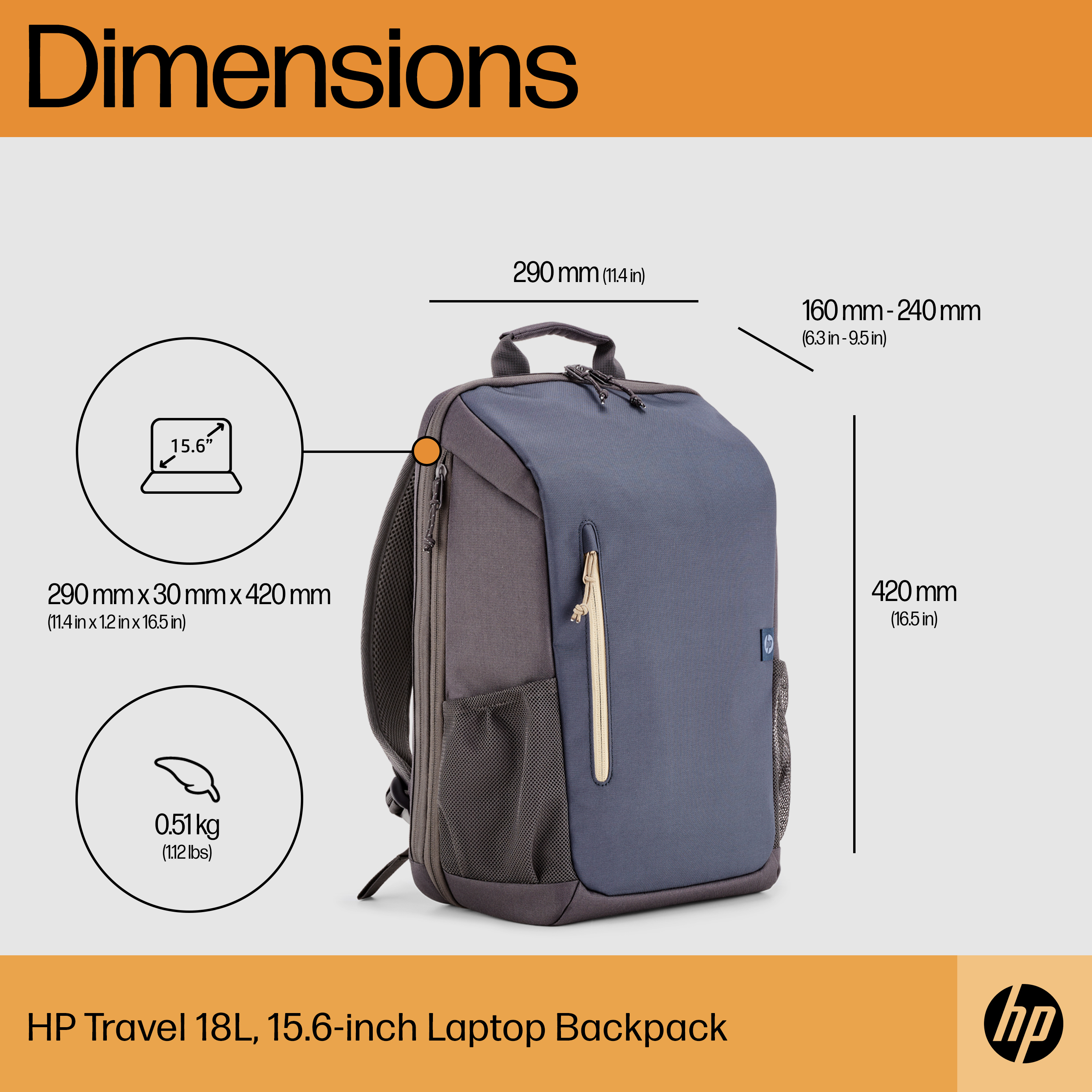 Uno zaino con dimensioni e dettagli del peso. È grigio e blu scuro, con il logo HP.