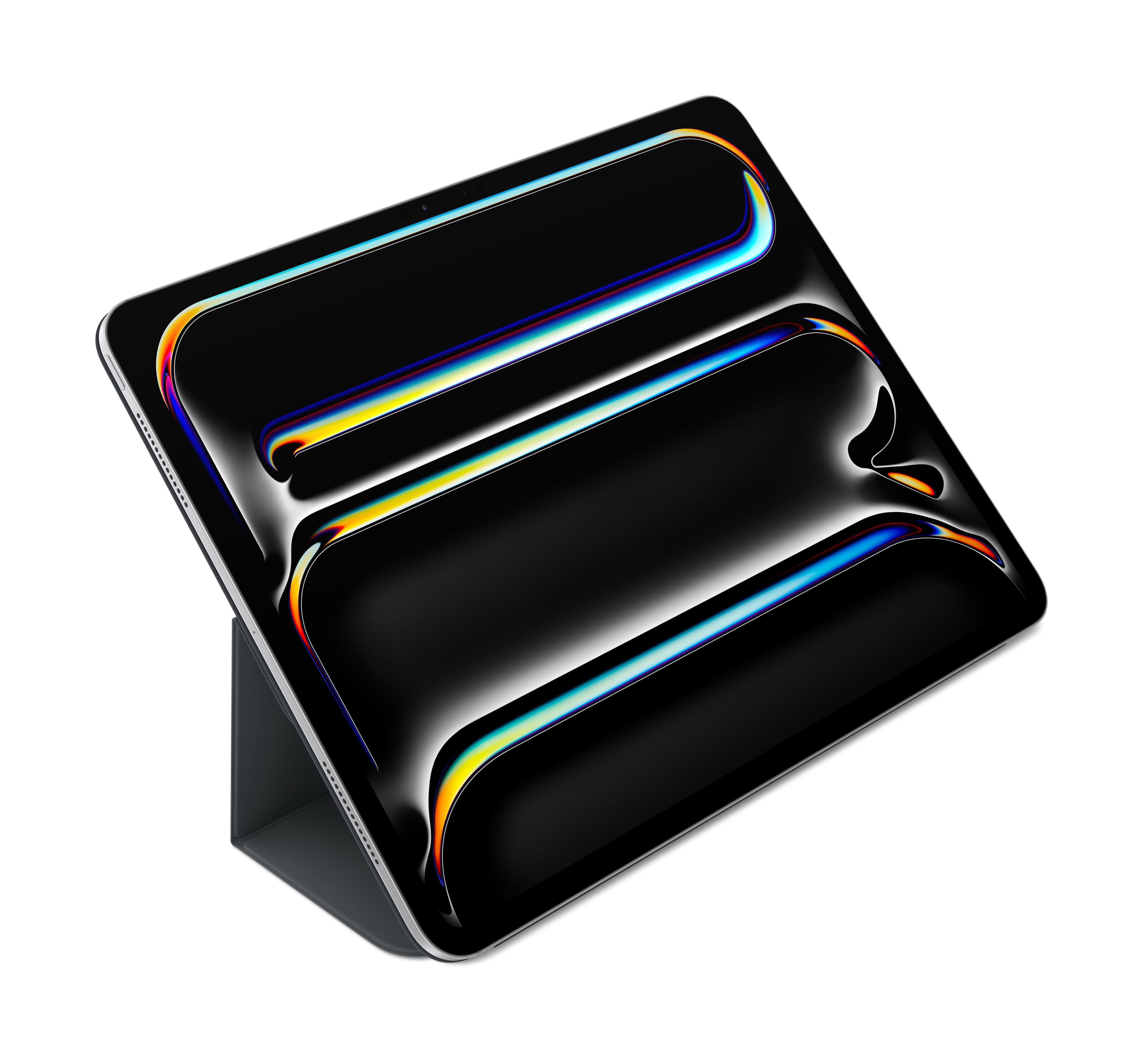 Czarny tablet z kolorowymi smugami na ekranie, podparty ciemnoszarą obudową, na białym tle.