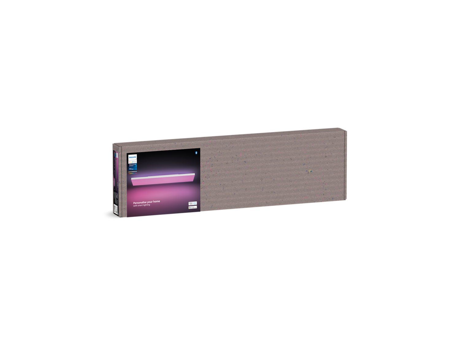 Une boîte rectangulaire avec un produit de lumière intelligente. La boîte est grise et présente des détails du produit et une illustration de lumière rose.