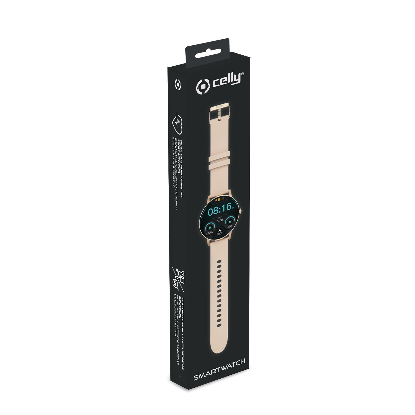 Una caja de reloj inteligente. El reloj muestra las 08:16. Texto en la caja: control de la frecuencia cardíaca, actividades deportivas, presión arterial y saturación de oxígeno.