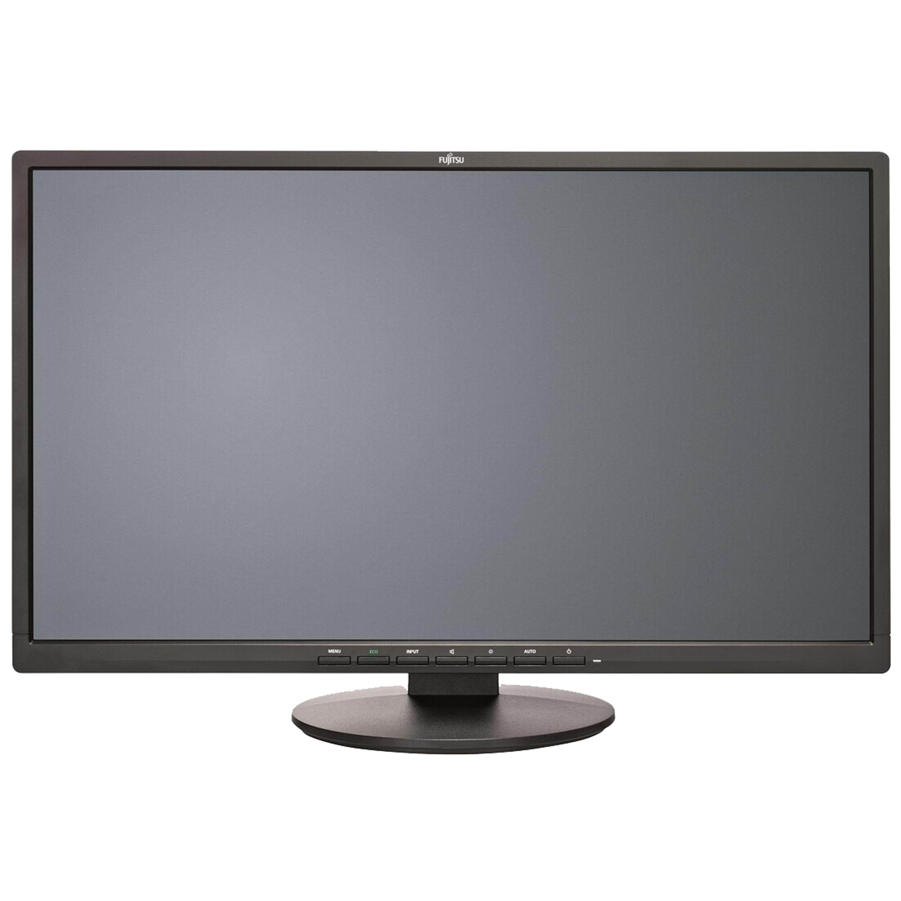 Un monitor Fujitsu. Lo schermo è grigio, con una cornice nera. Ha un supporto nero e pulsanti in basso.