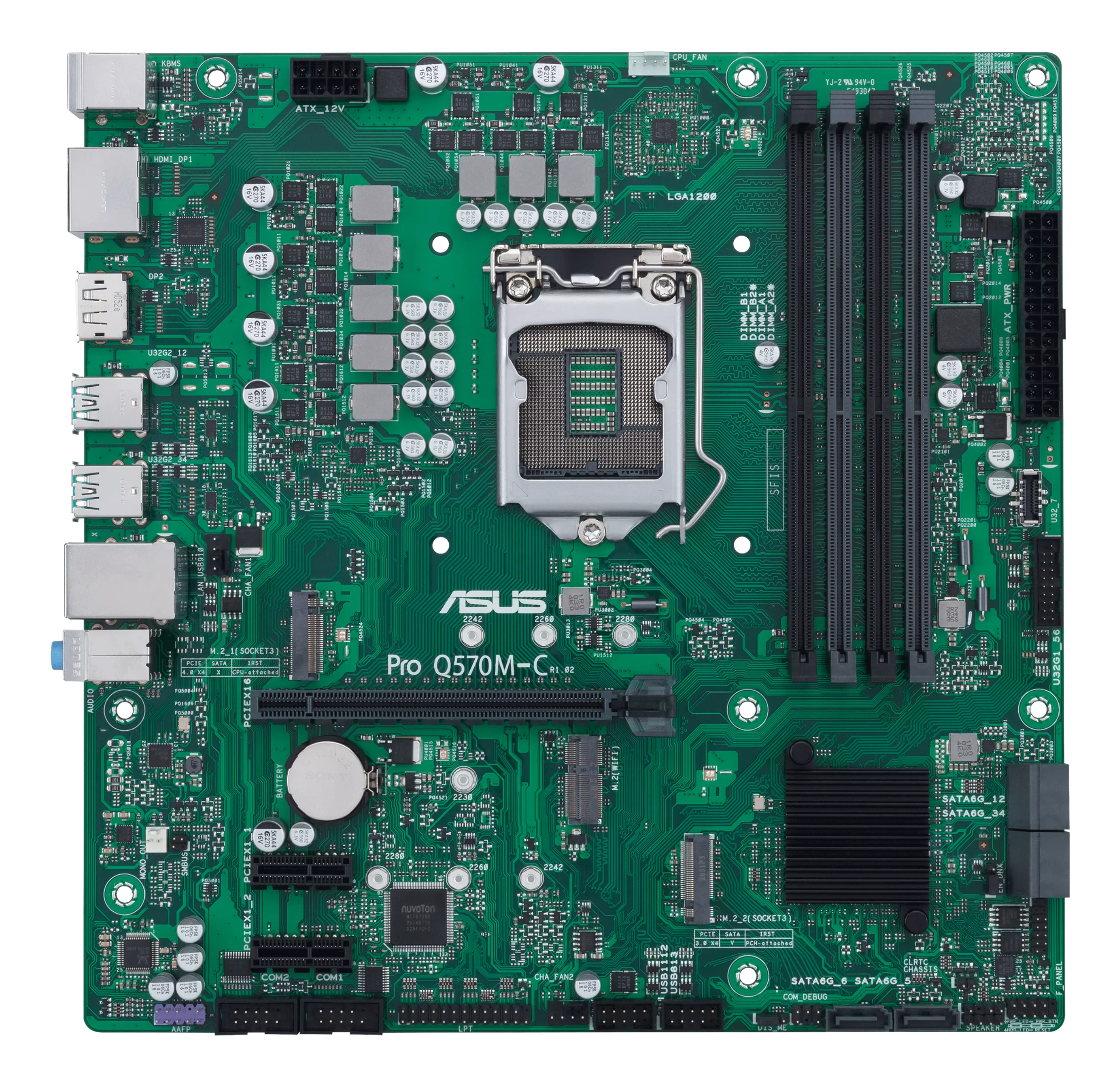 Scheda madre verde con vari componenti e slot. Il logo ASUS è visibile.