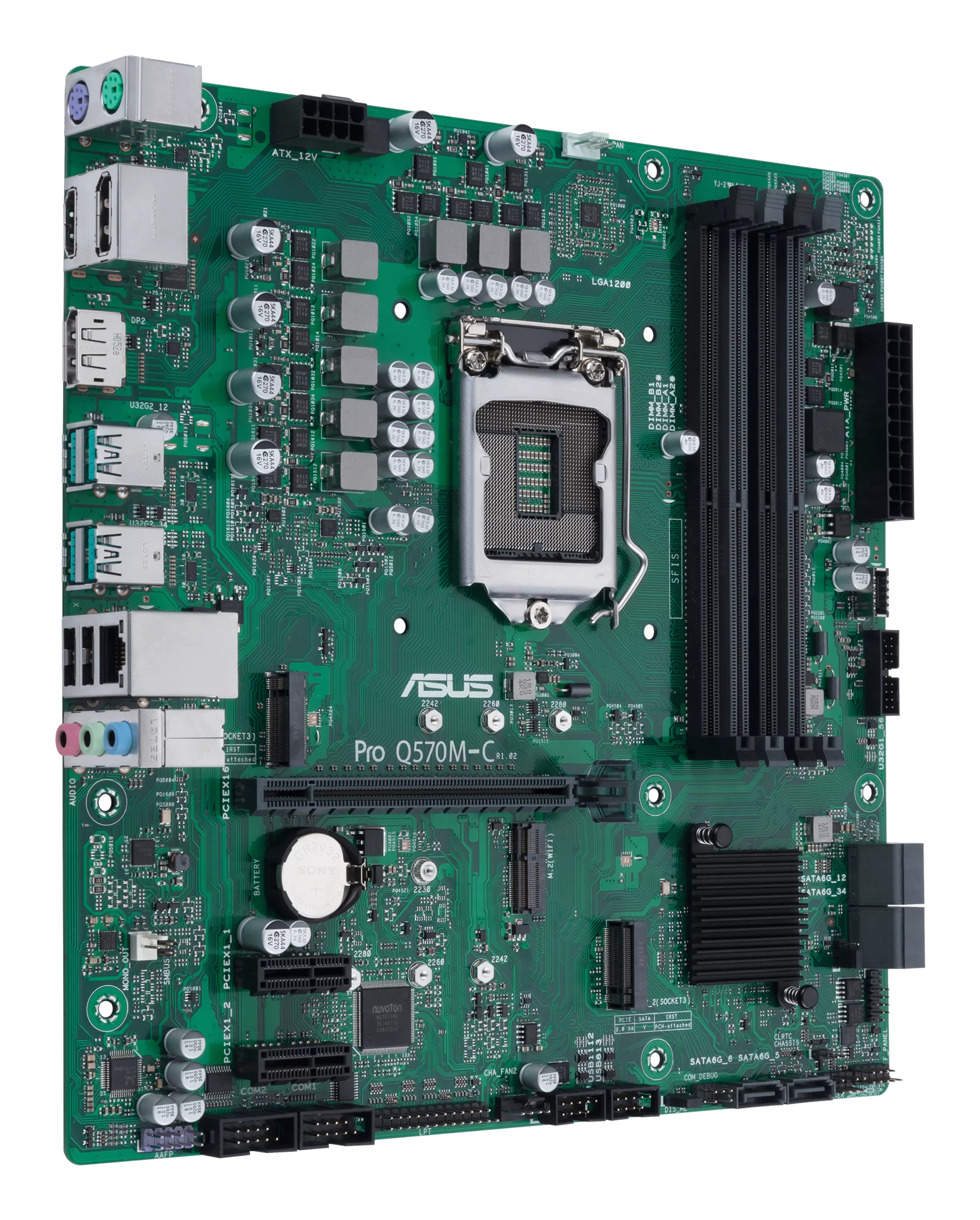 Scheda madre verde ASUS Pro Q570M-C. Ha porte, slot e un socket CPU.