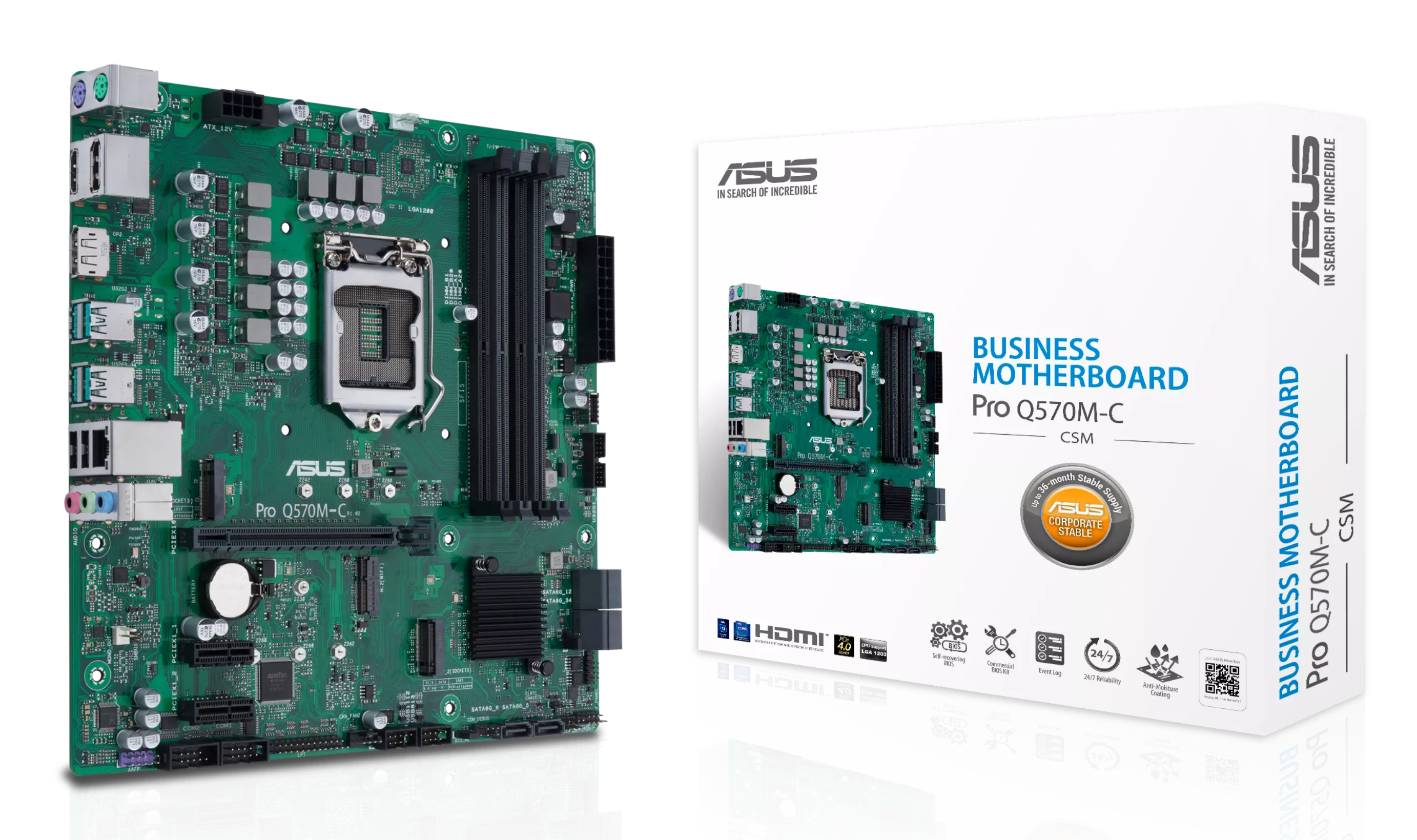 Una scheda madre ASUS Pro Q570M-C e la sua scatola. La scheda madre è verde con slot neri. La scatola è bianca.