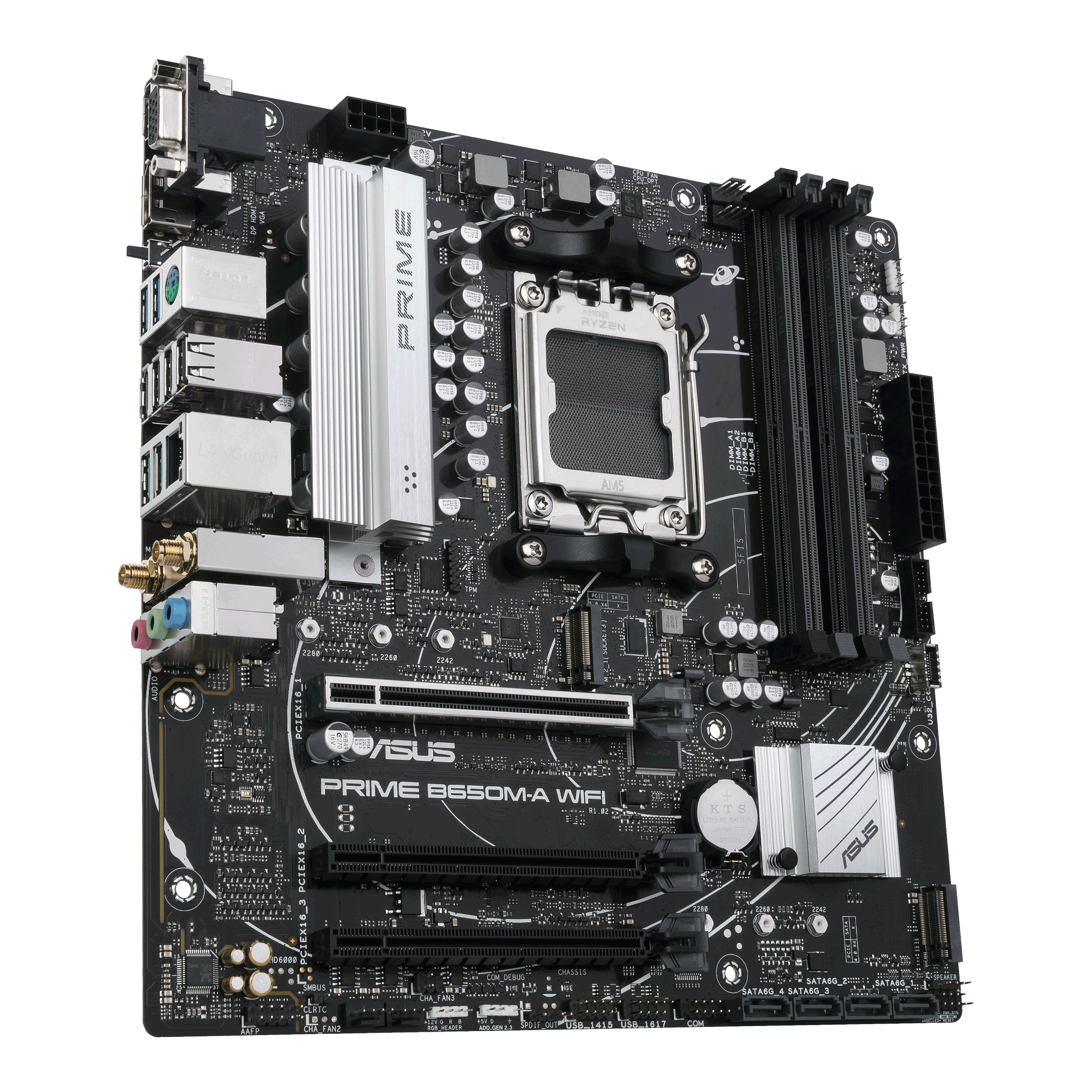 Scheda madre ASUS Prime B650M-A WIFI nera con dissipatori argentati, varie porte e slot.