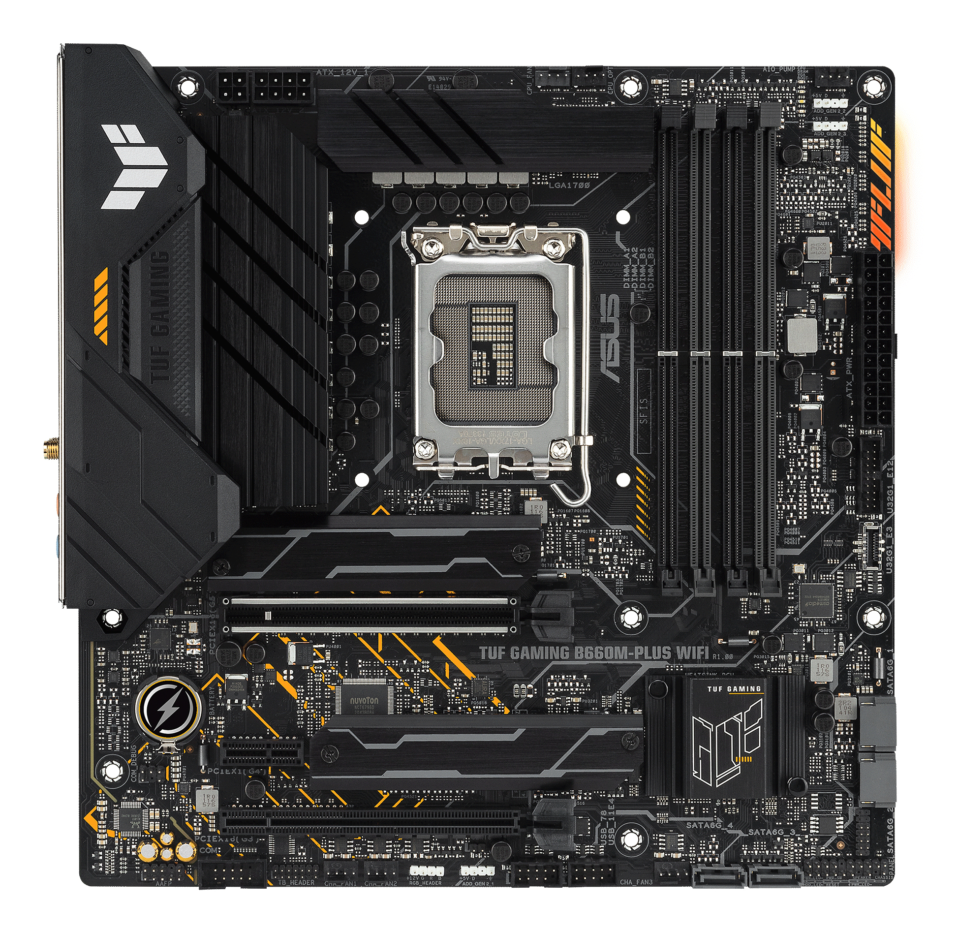 Schwarzes und gelbes ASUS TUF GAMING B660M-PLUS WIFI-Motherboard mit verschiedenen Steckplätzen und Komponenten.