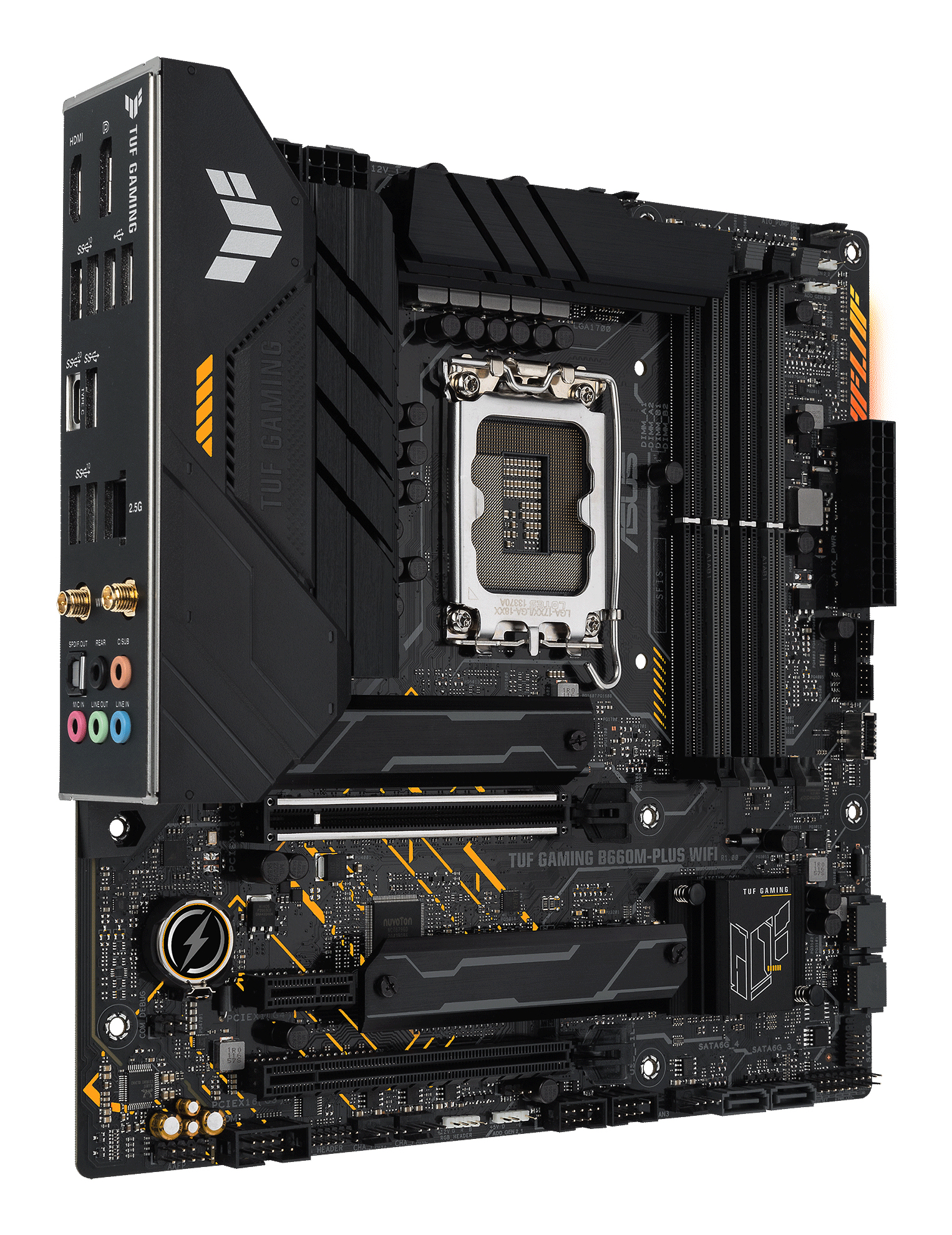 Schwarzes TUF Gaming-Motherboard mit silbernen Akzenten, Anschlüssen und einem zentralen CPU-Sockel. Verfügt über gelbe und orangefarbene Designelemente.