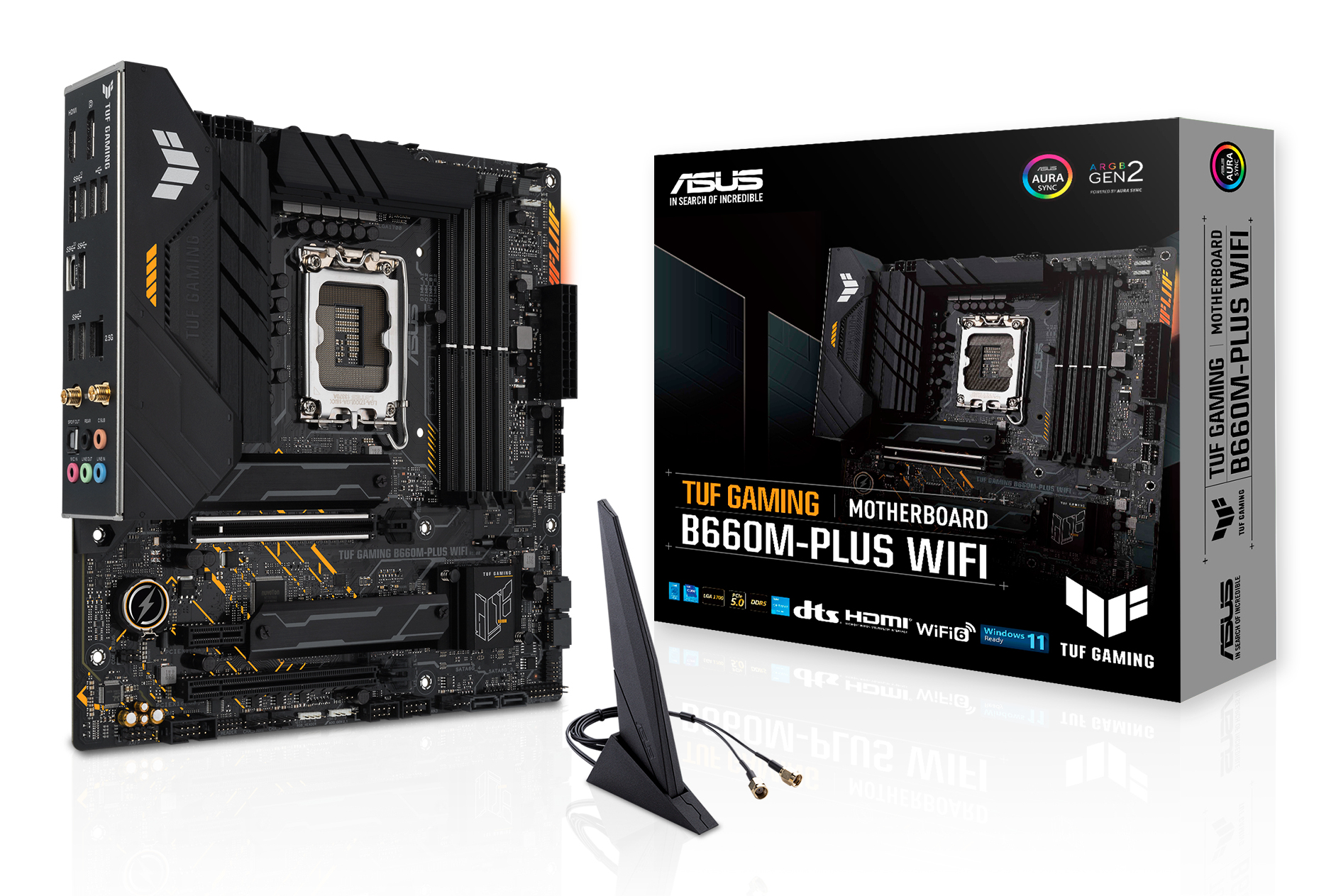 Ein ASUS TUF Gaming B660M-PLUS WIFI-Motherboard, seine Box und eine Antenne. Das Motherboard ist schwarz und goldfarben, mit mehreren Anschlüssen.